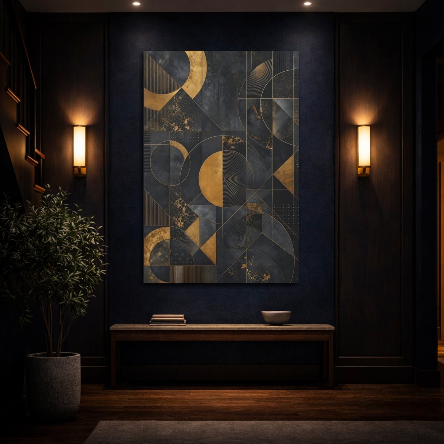Abstract Geometric Pattern Black And Gold Canvas Wall Art Print – Living Room Decor, Above Console Table - YesArtYes