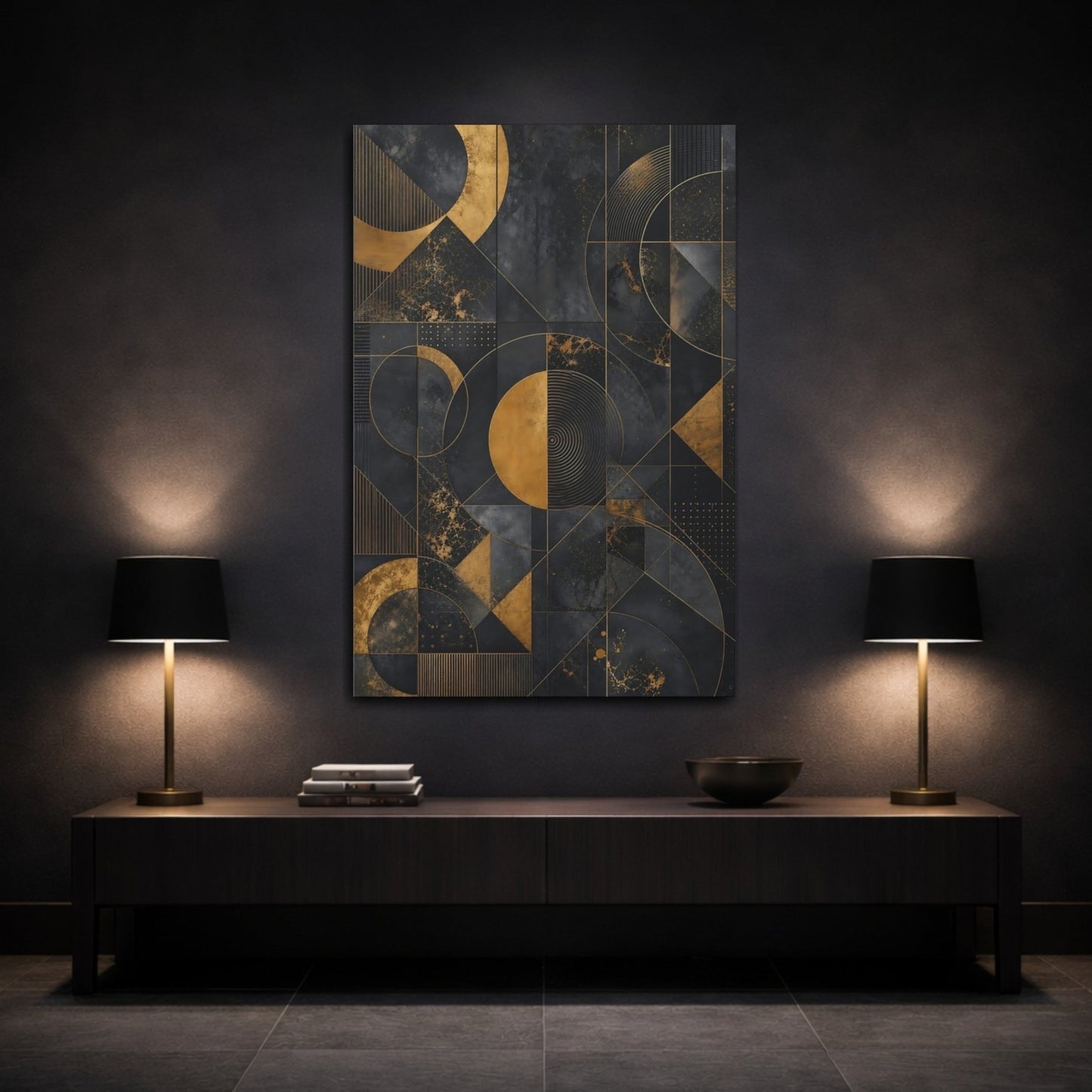 Abstract Geometric Pattern Black And Gold Canvas Wall Art Print – Living Room Decor, Above Console Table - YesArtYes