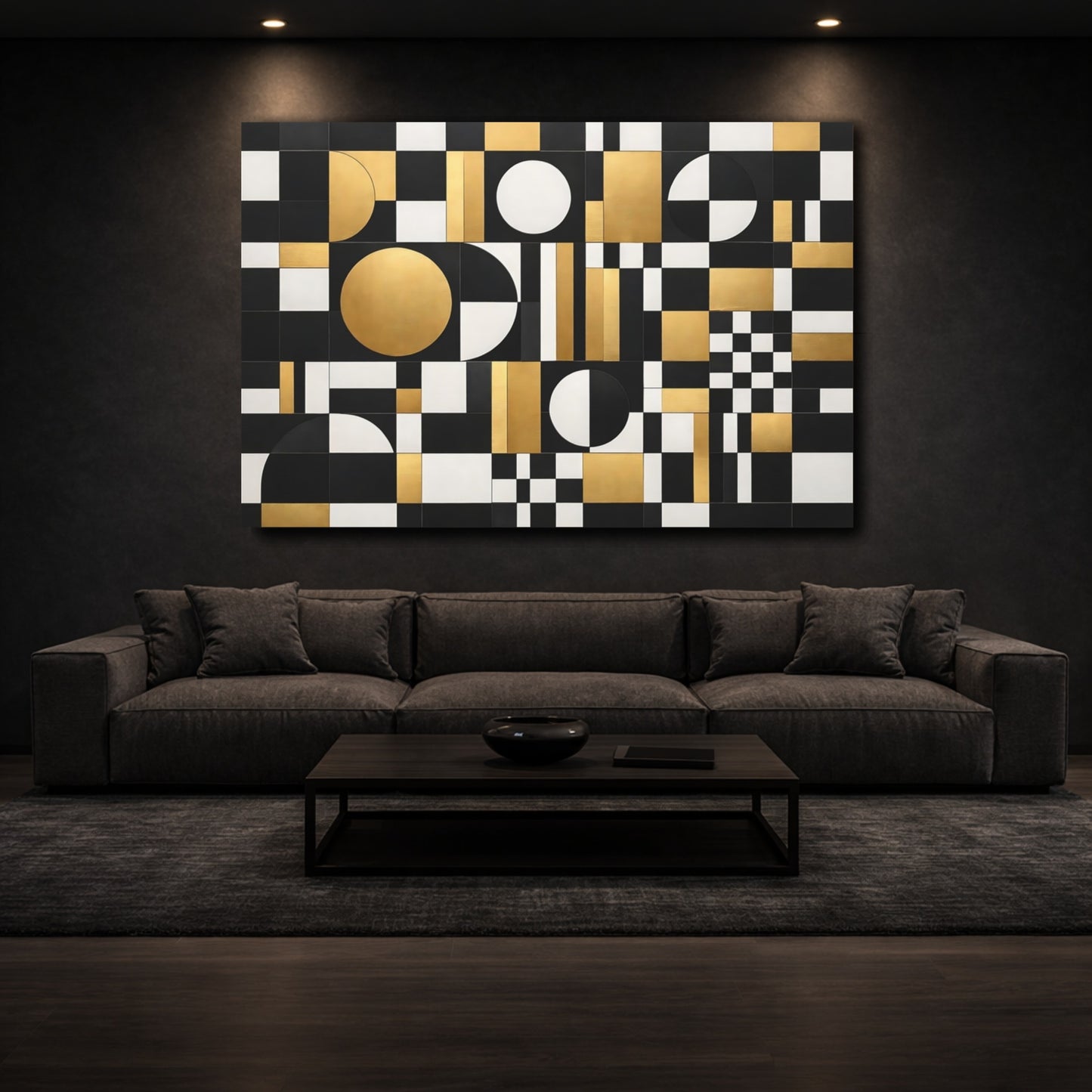 Mockup 2. Abstract Geometric Pattern Black Gold White shown as stretched canvas wall art