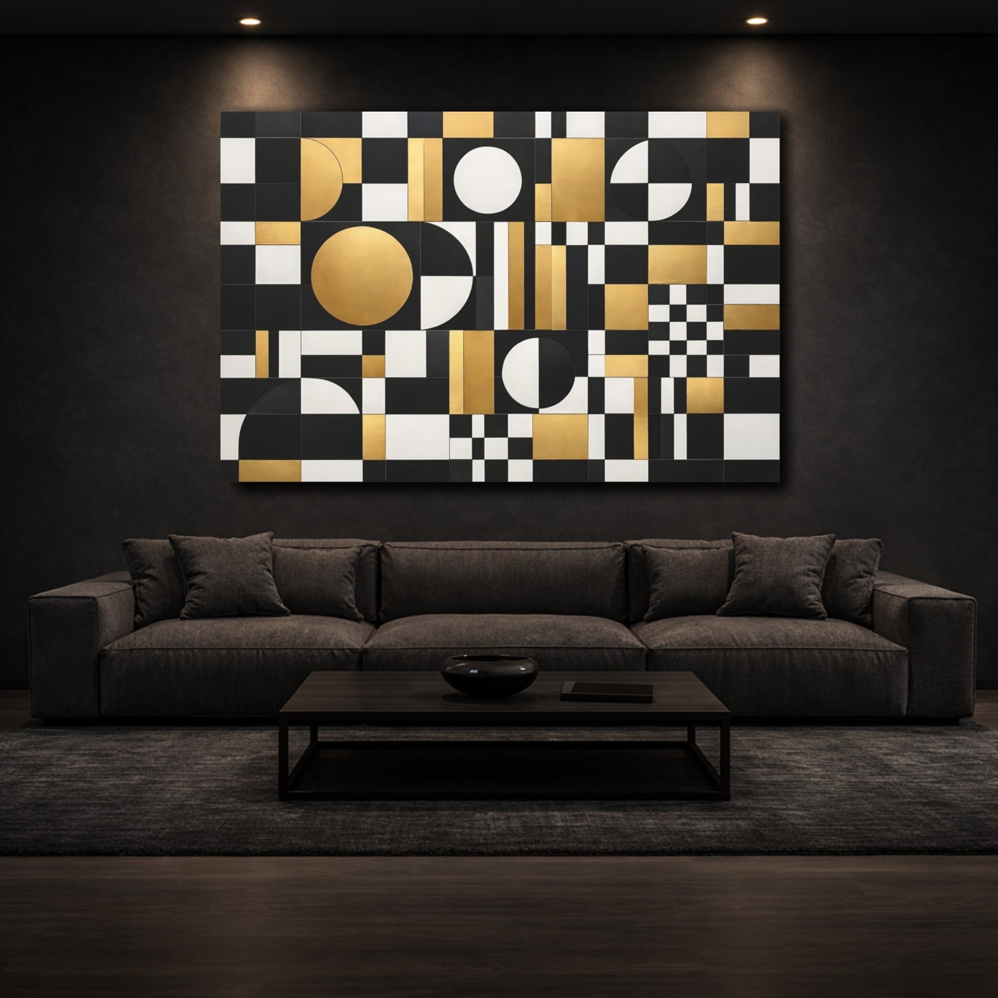 Mockup 2. Abstract Geometric Pattern Black Gold White shown as stretched canvas wall art
