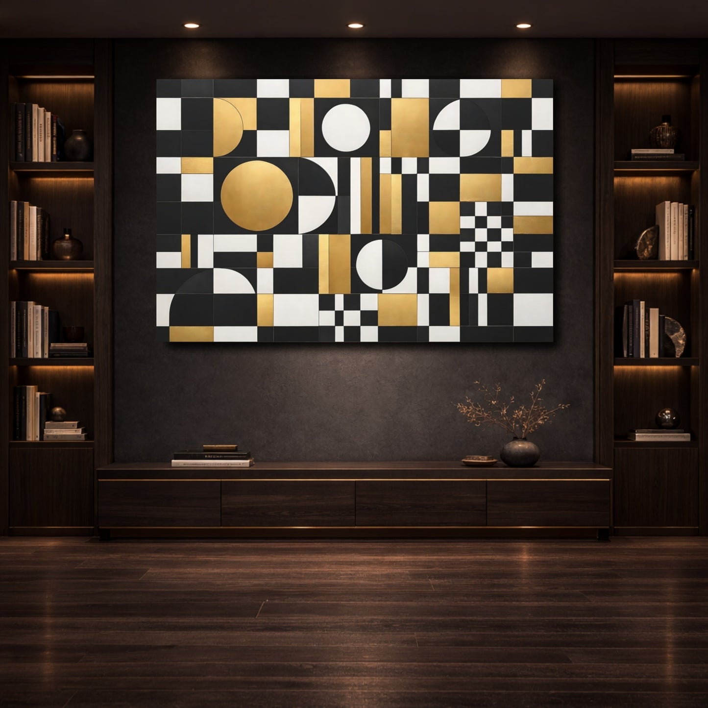 Mockup 3. Abstract Geometric Pattern Black Gold White shown as stretched canvas wall art