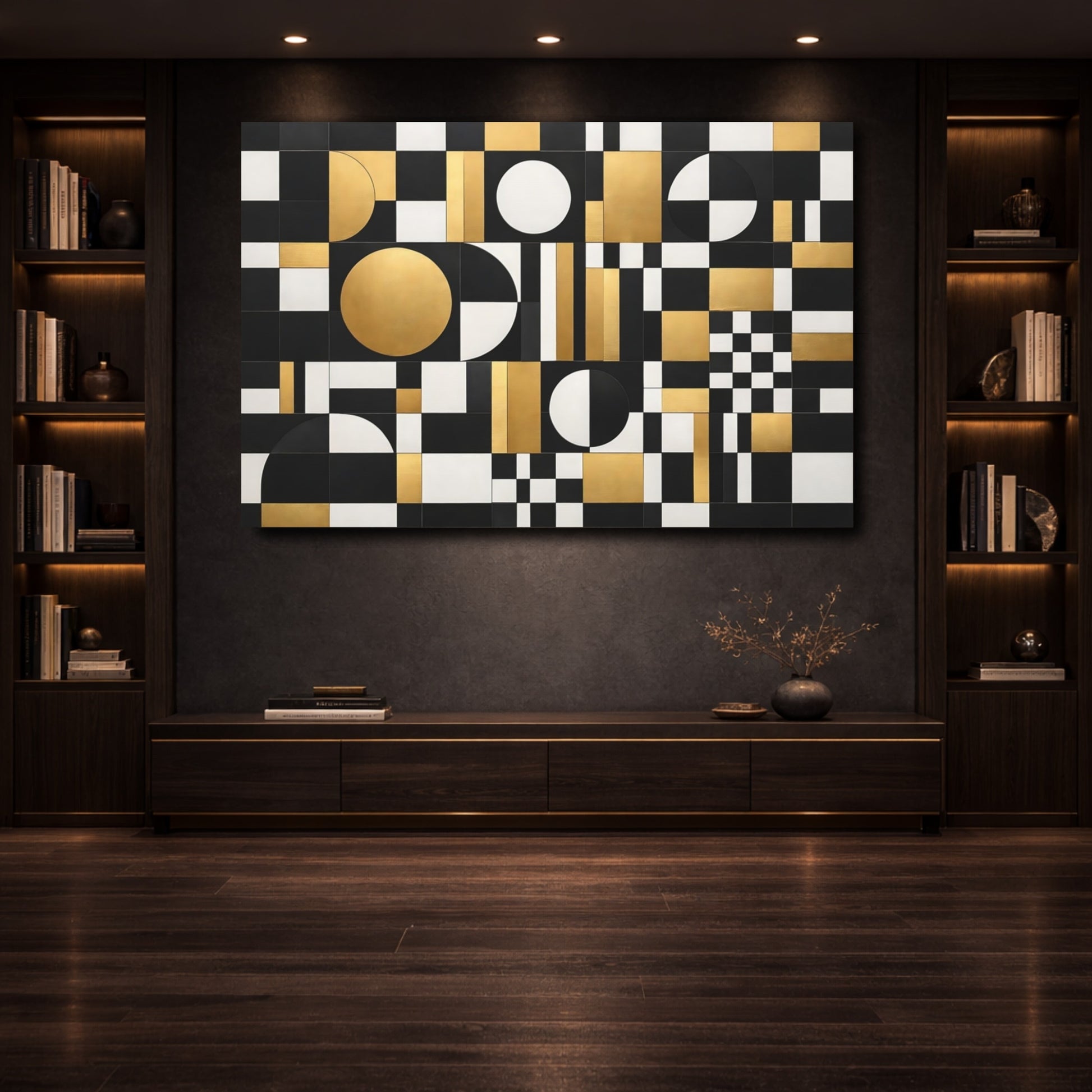 Mockup 3. Abstract Geometric Pattern Black Gold White shown as stretched canvas wall art