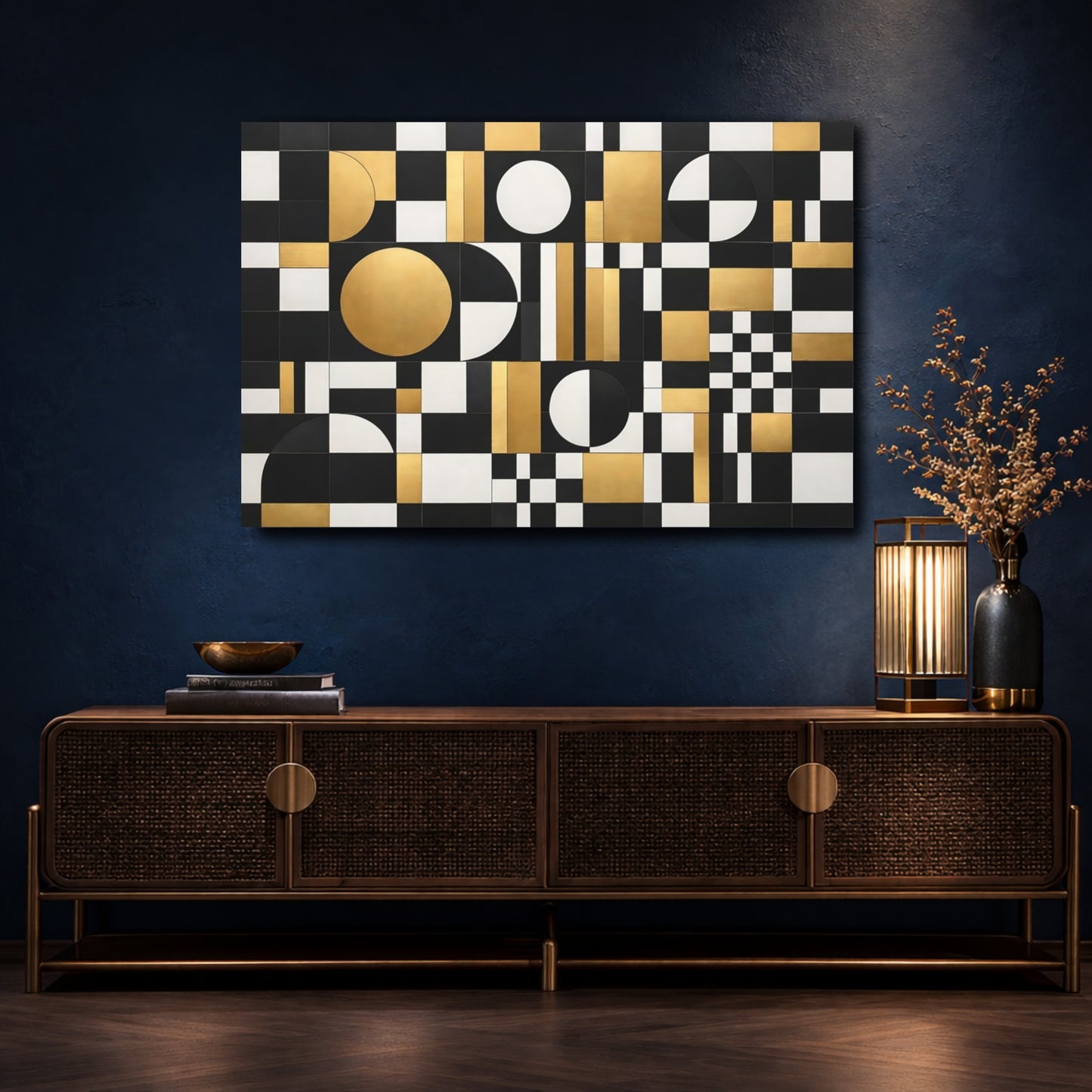 Mockup 4. Abstract Geometric Pattern Black Gold White shown as stretched canvas wall art