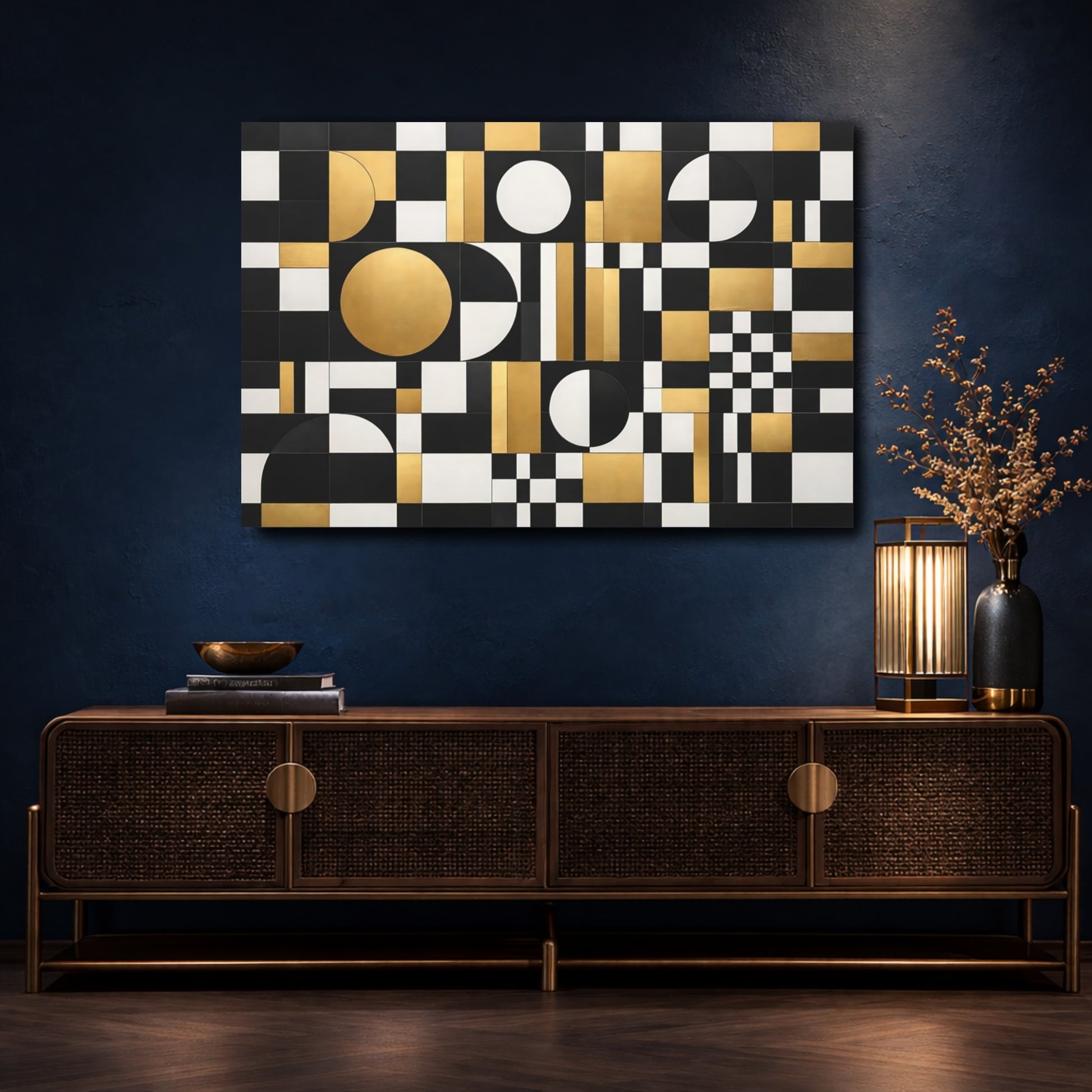 Mockup 4. Abstract Geometric Pattern Black Gold White shown as stretched canvas wall art