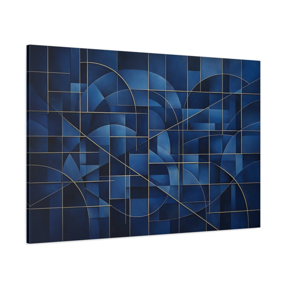 Main Mockup. Abstract Geometric Pattern Blue And Gold shown as stretched canvas wall art