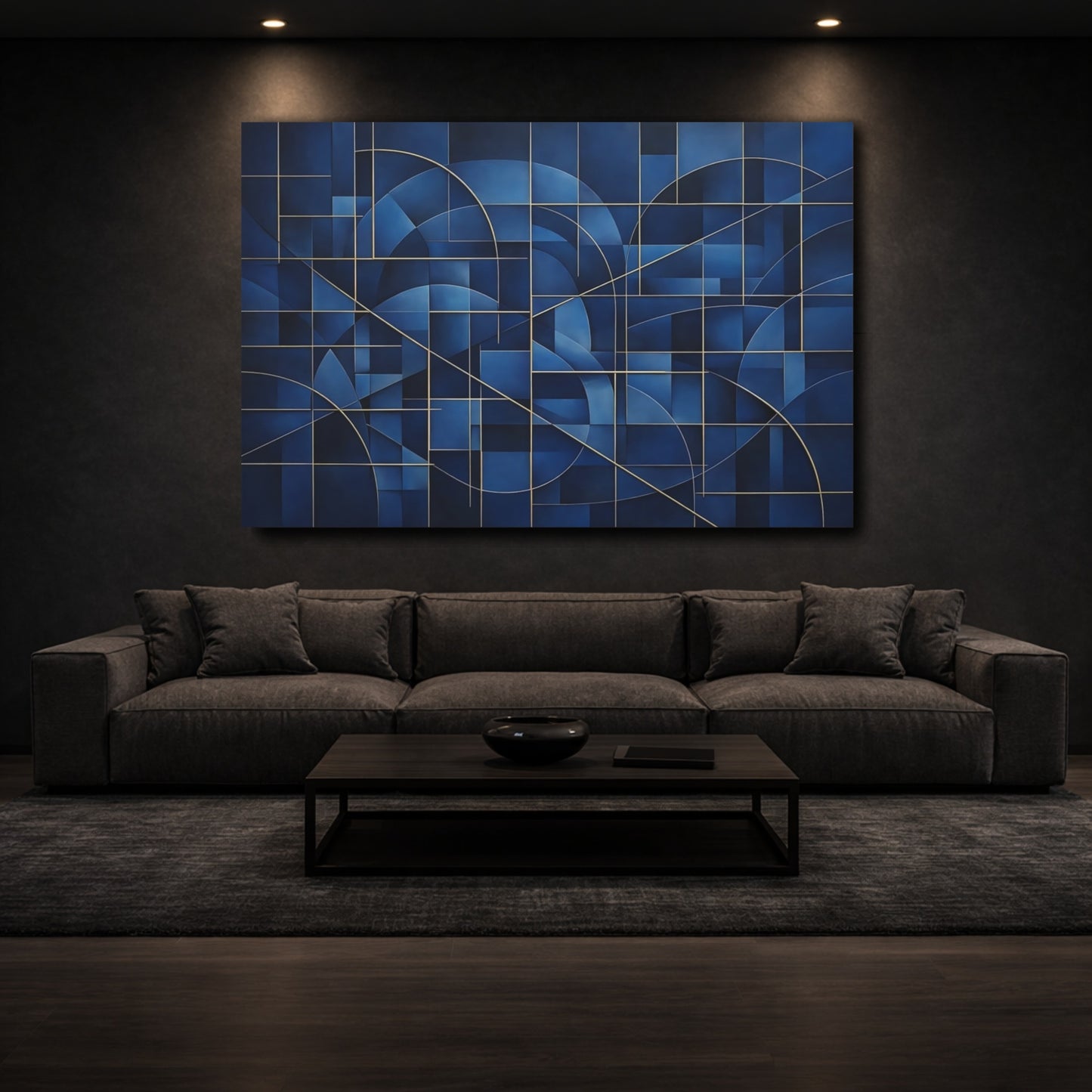 Mockup 2. Abstract Geometric Pattern Blue And Gold shown as stretched canvas wall art