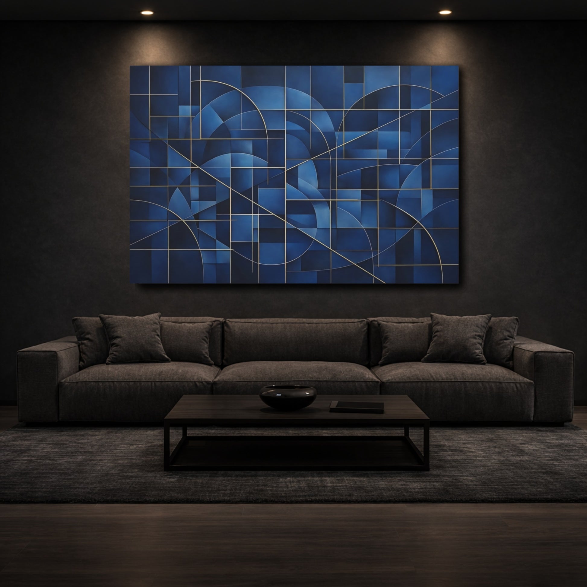 Mockup 2. Abstract Geometric Pattern Blue And Gold shown as stretched canvas wall art