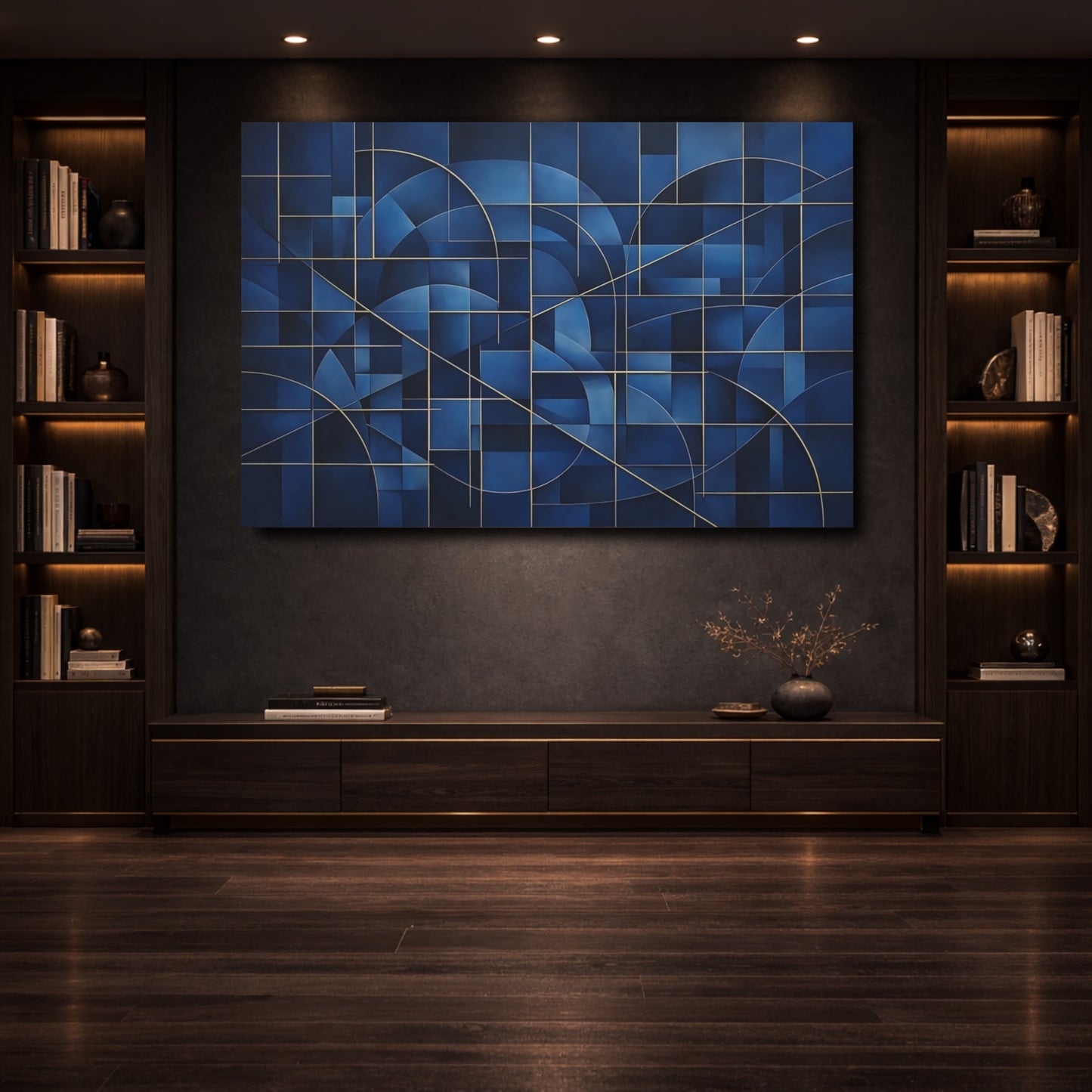 Mockup 3. Abstract Geometric Pattern Blue And Gold shown as stretched canvas wall art