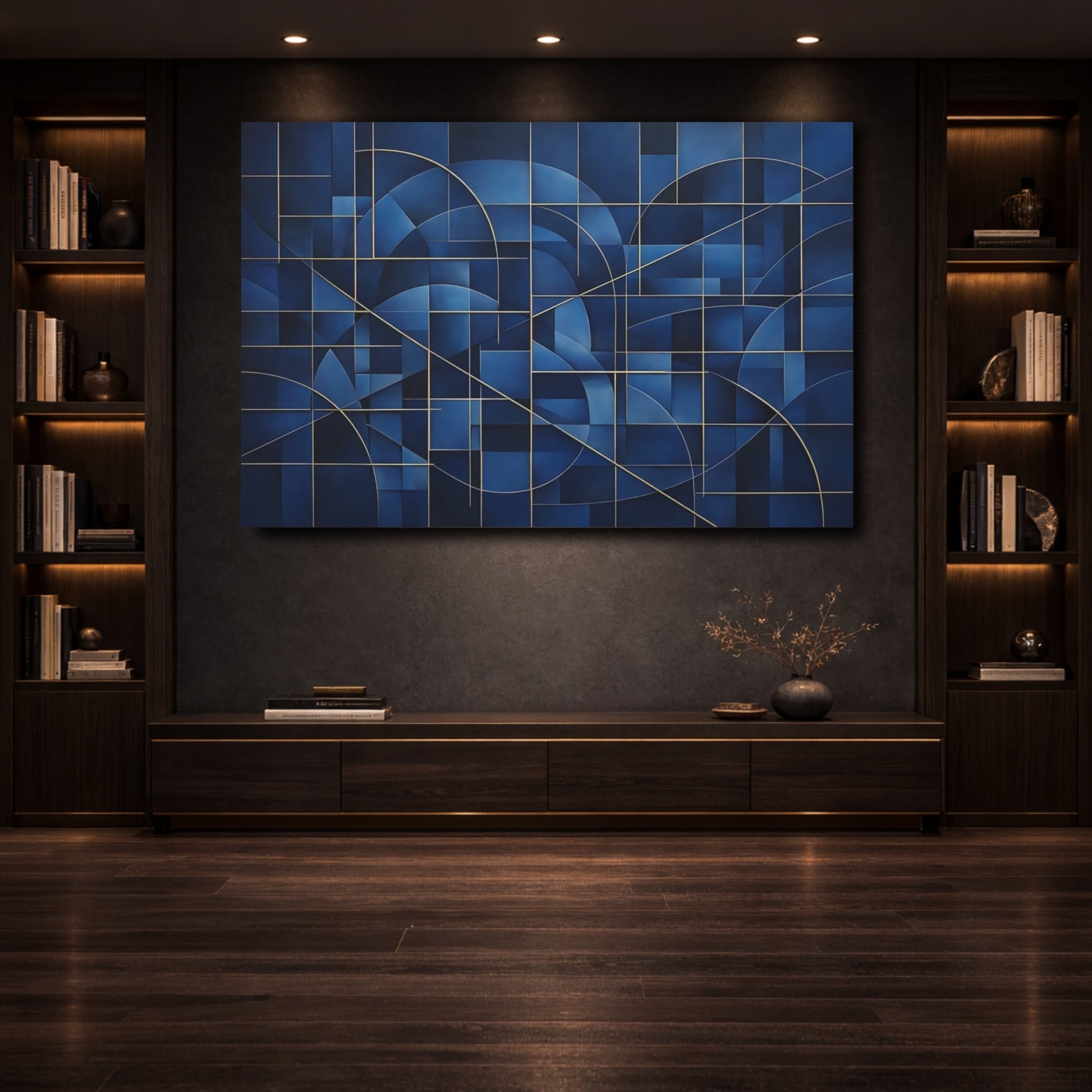 Mockup 3. Abstract Geometric Pattern Blue And Gold shown as stretched canvas wall art