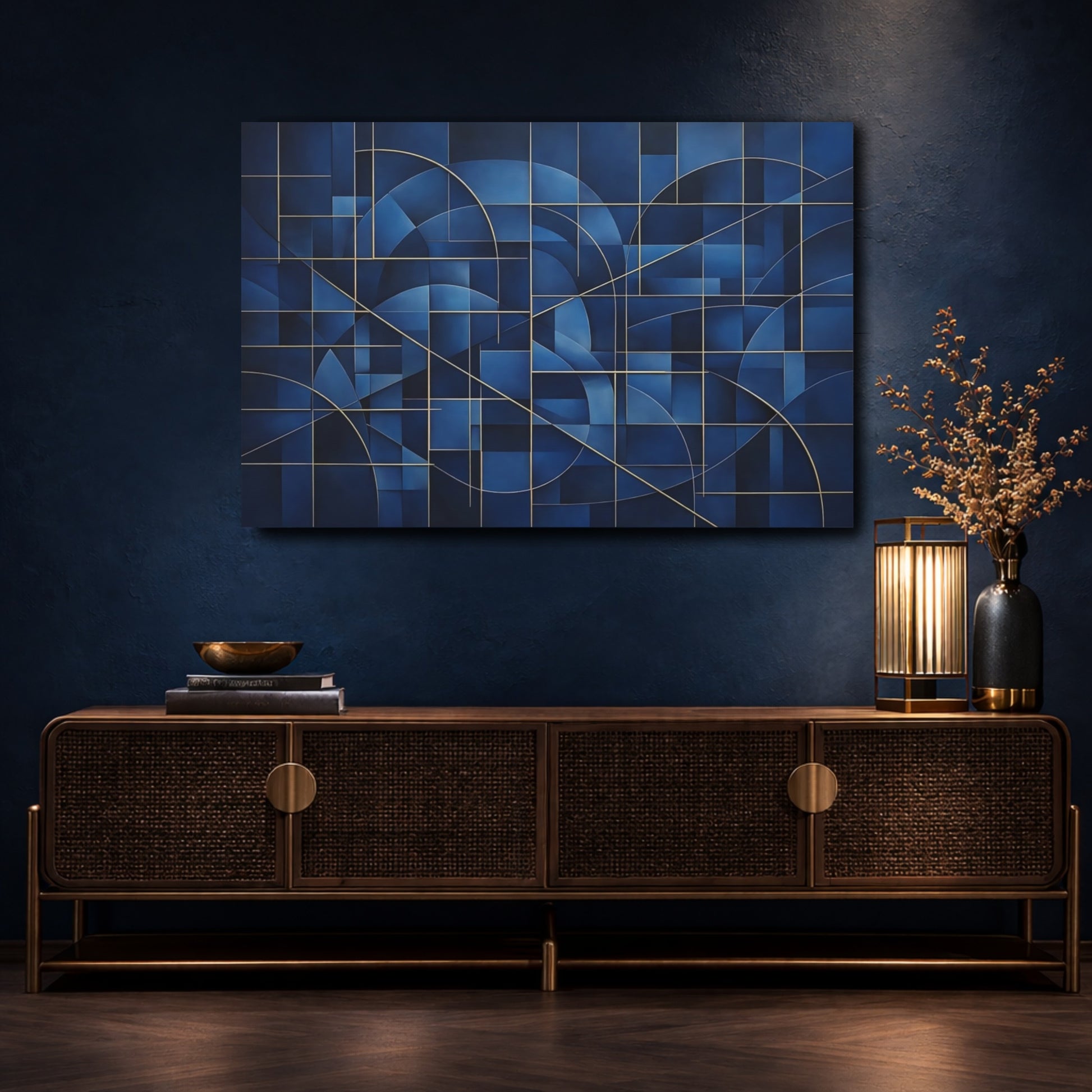 Mockup 4. Abstract Geometric Pattern Blue And Gold shown as stretched canvas wall art