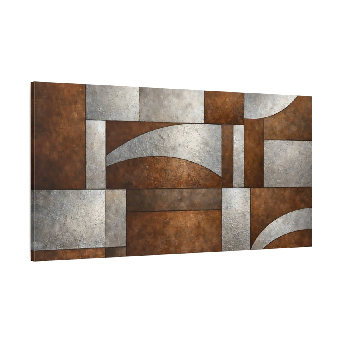 Main Mockup. Abstract Geometric Pattern Bronze And Silver shown as stretched canvas wall art