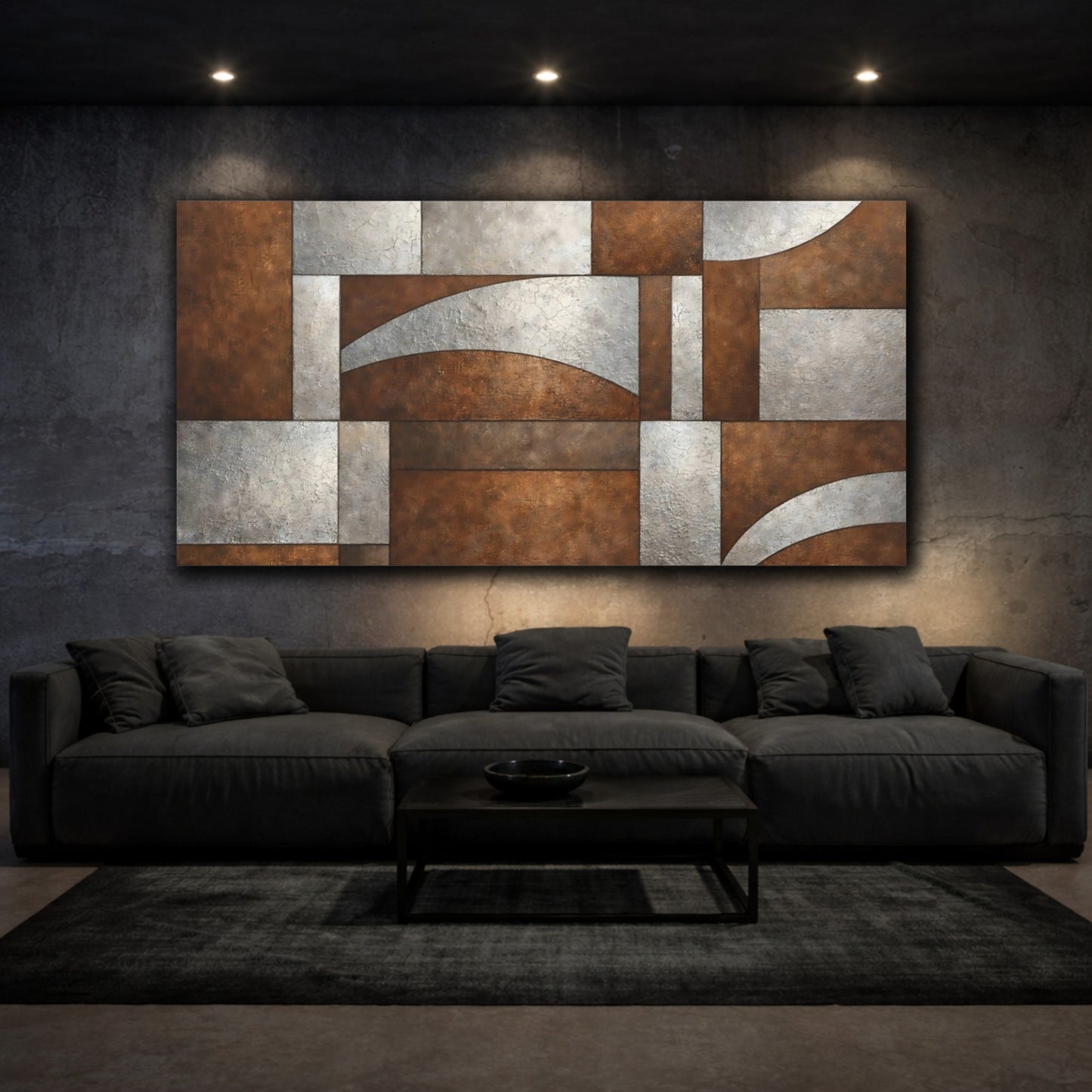 Mockup 2. Abstract Geometric Pattern Bronze And Silver shown as stretched canvas wall art