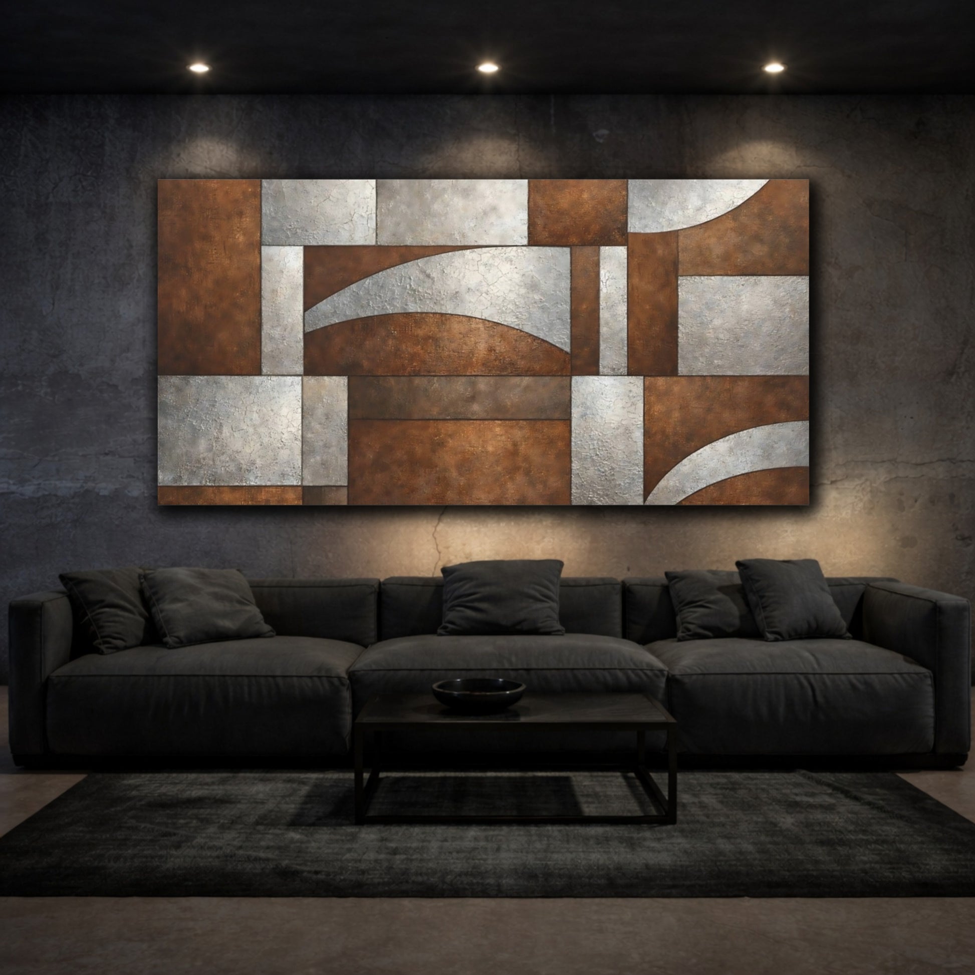 Mockup 2. Abstract Geometric Pattern Bronze And Silver shown as stretched canvas wall art