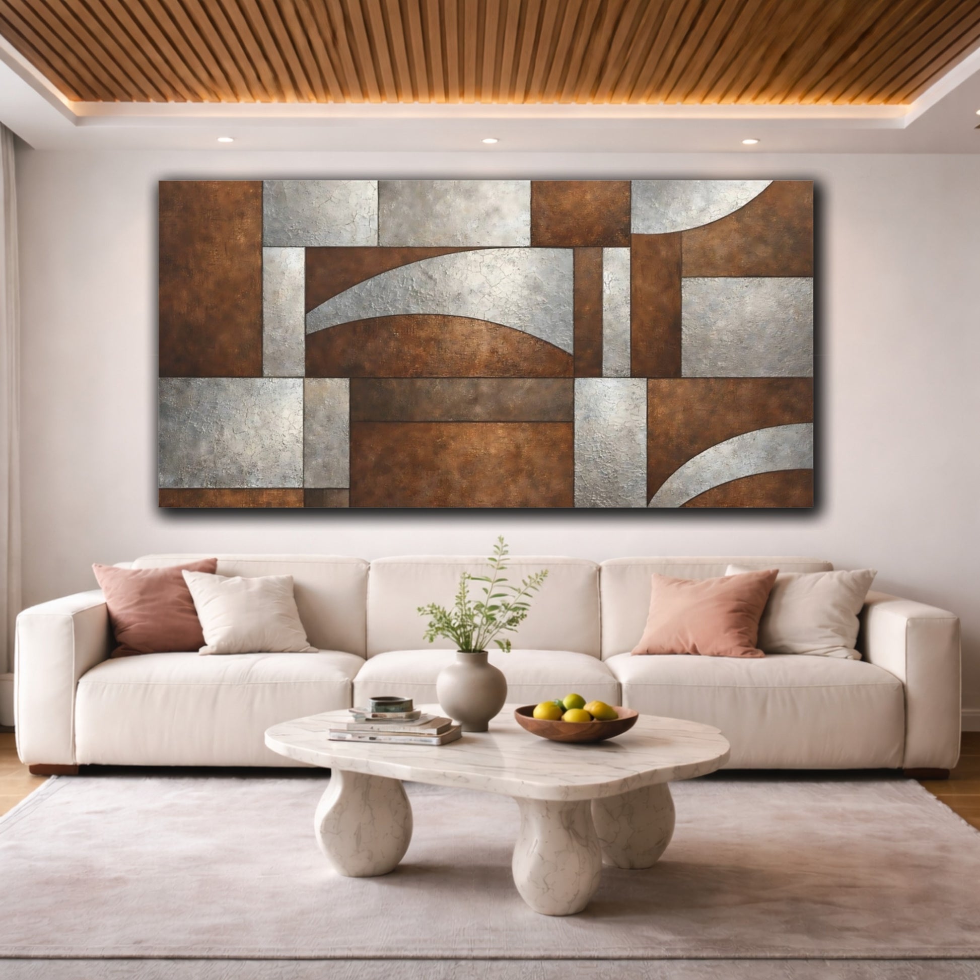 Mockup 3. Abstract Geometric Pattern Bronze And Silver shown as stretched canvas wall art
