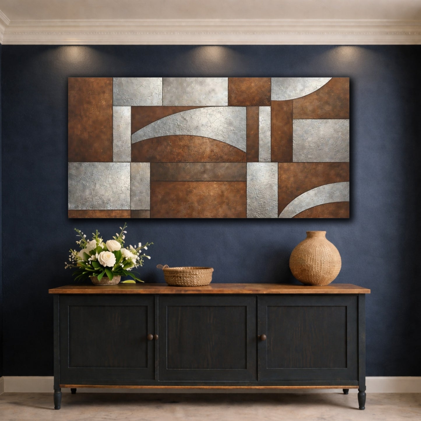 Mockup 4. Abstract Geometric Pattern Bronze And Silver shown as stretched canvas wall art