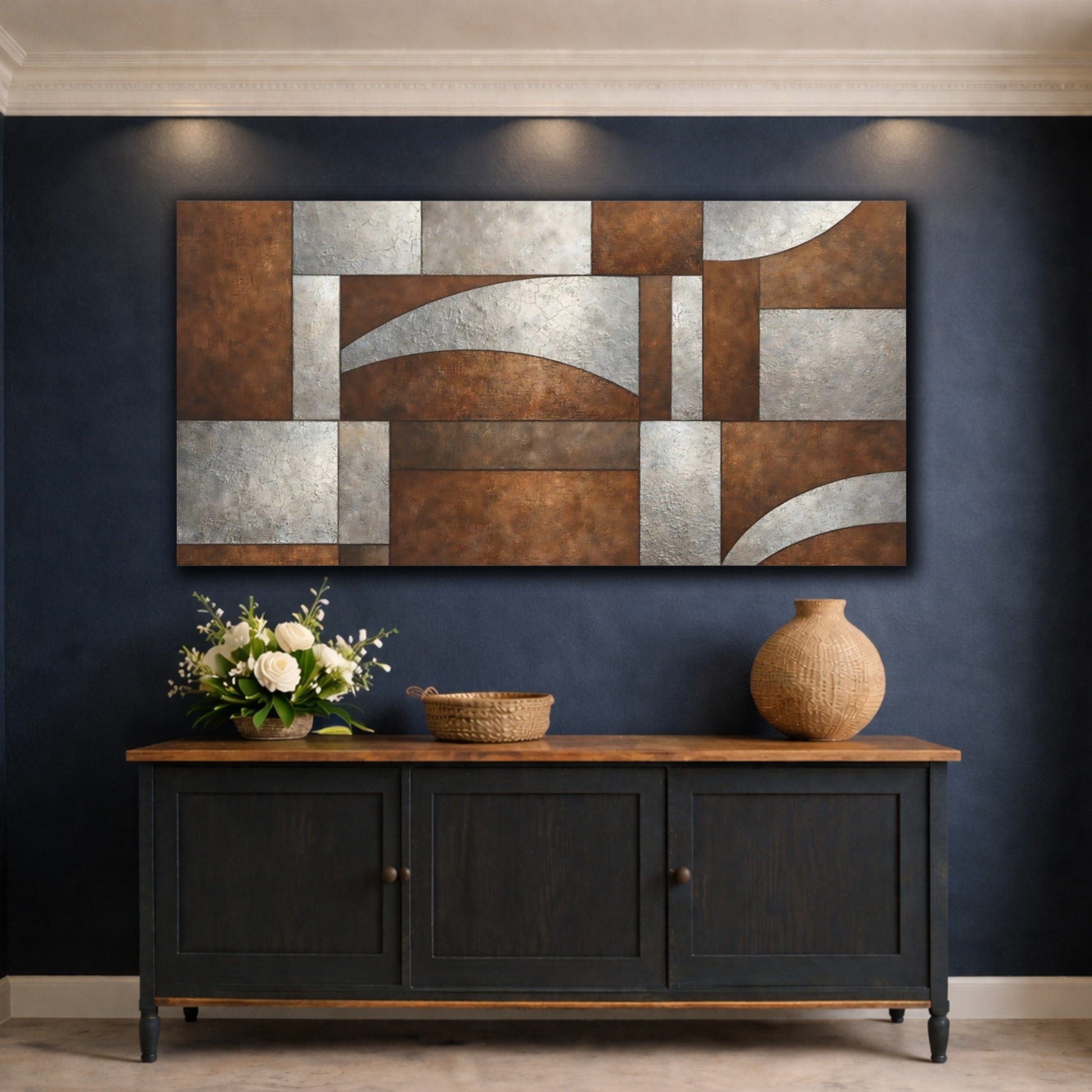 Mockup 4. Abstract Geometric Pattern Bronze And Silver shown as stretched canvas wall art