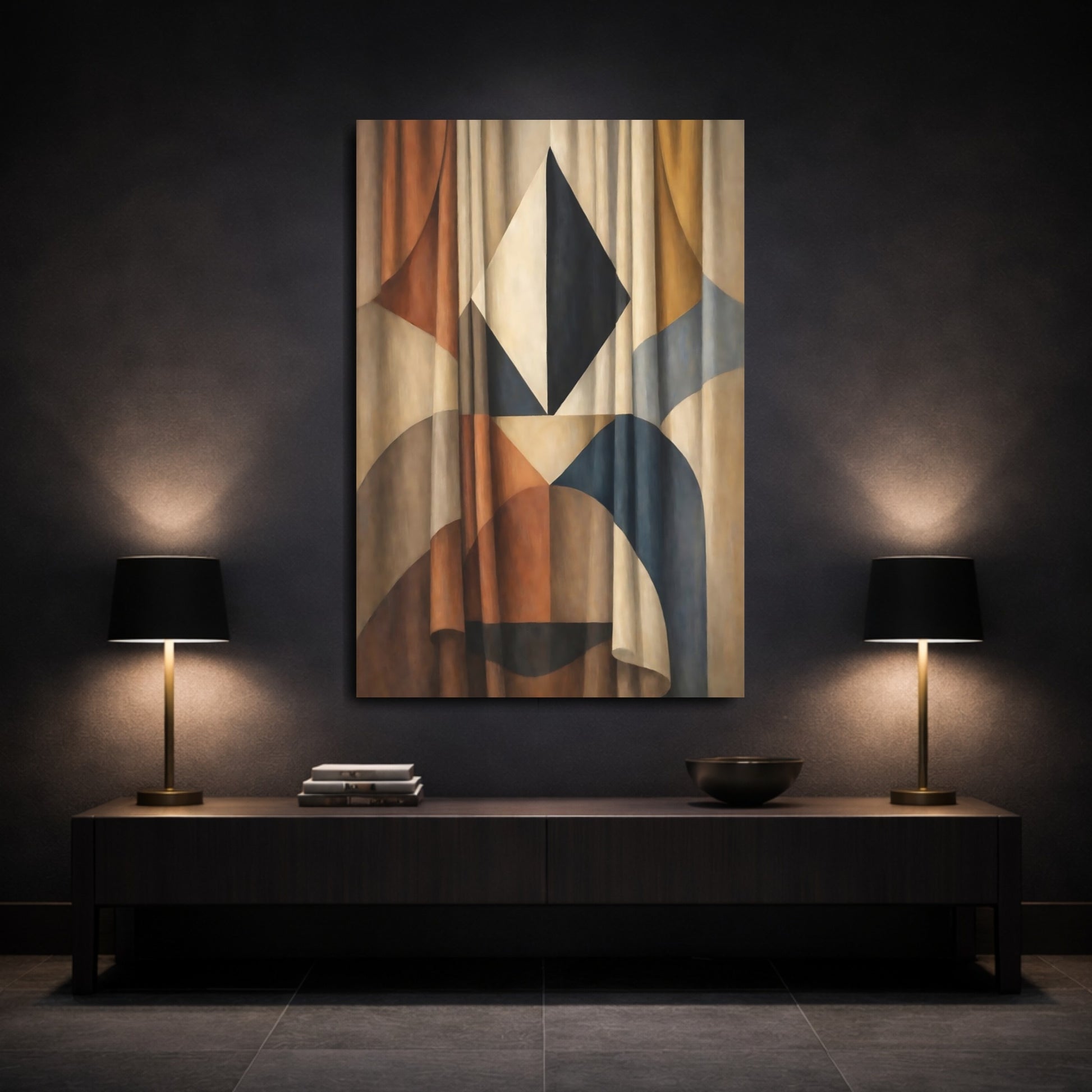 Mockup 2. Abstract Geometric Pattern Brown And Blue Abstract shown as stretched canvas wall art