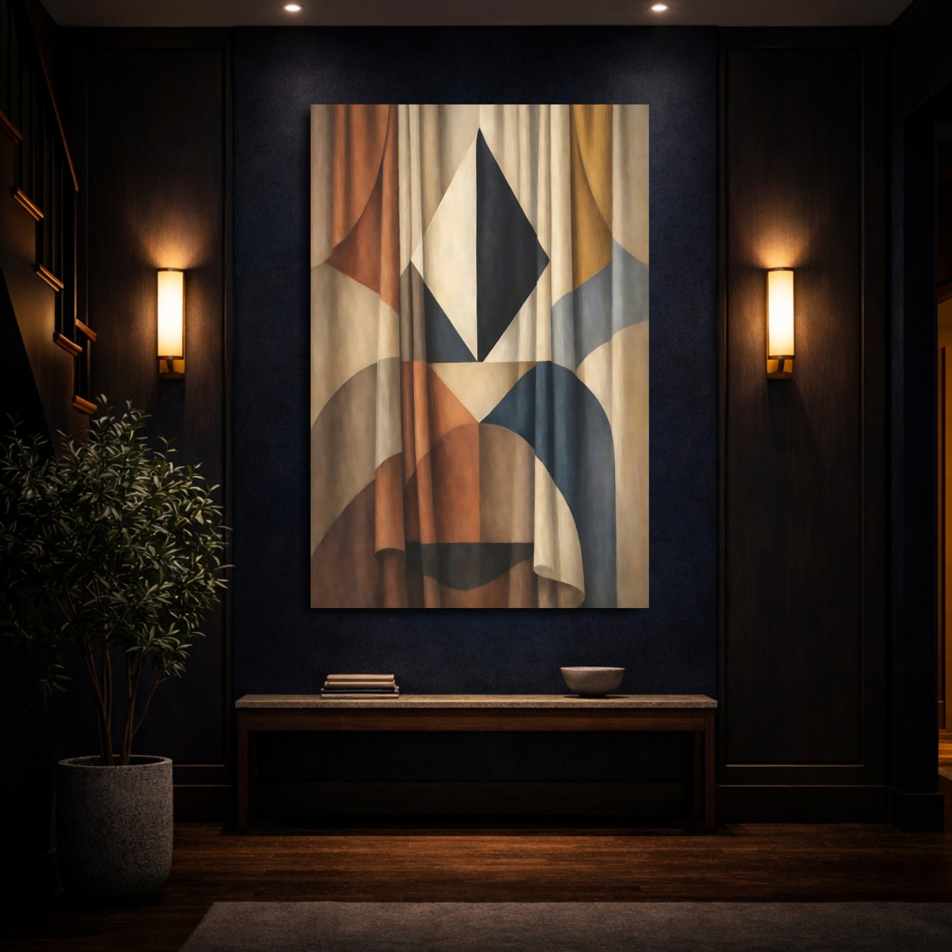 Mockup 3. Abstract Geometric Pattern Brown And Blue Abstract shown as stretched canvas wall art
