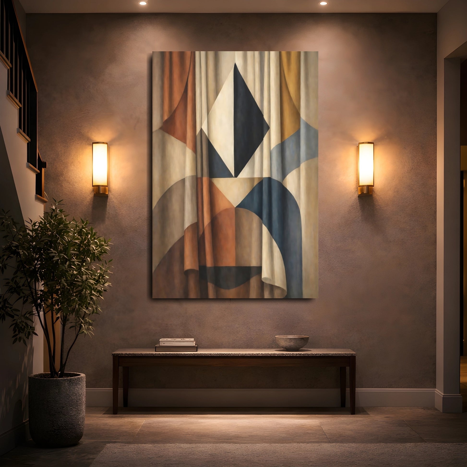 Mockup 4. Abstract Geometric Pattern Brown And Blue Abstract shown as stretched canvas wall art