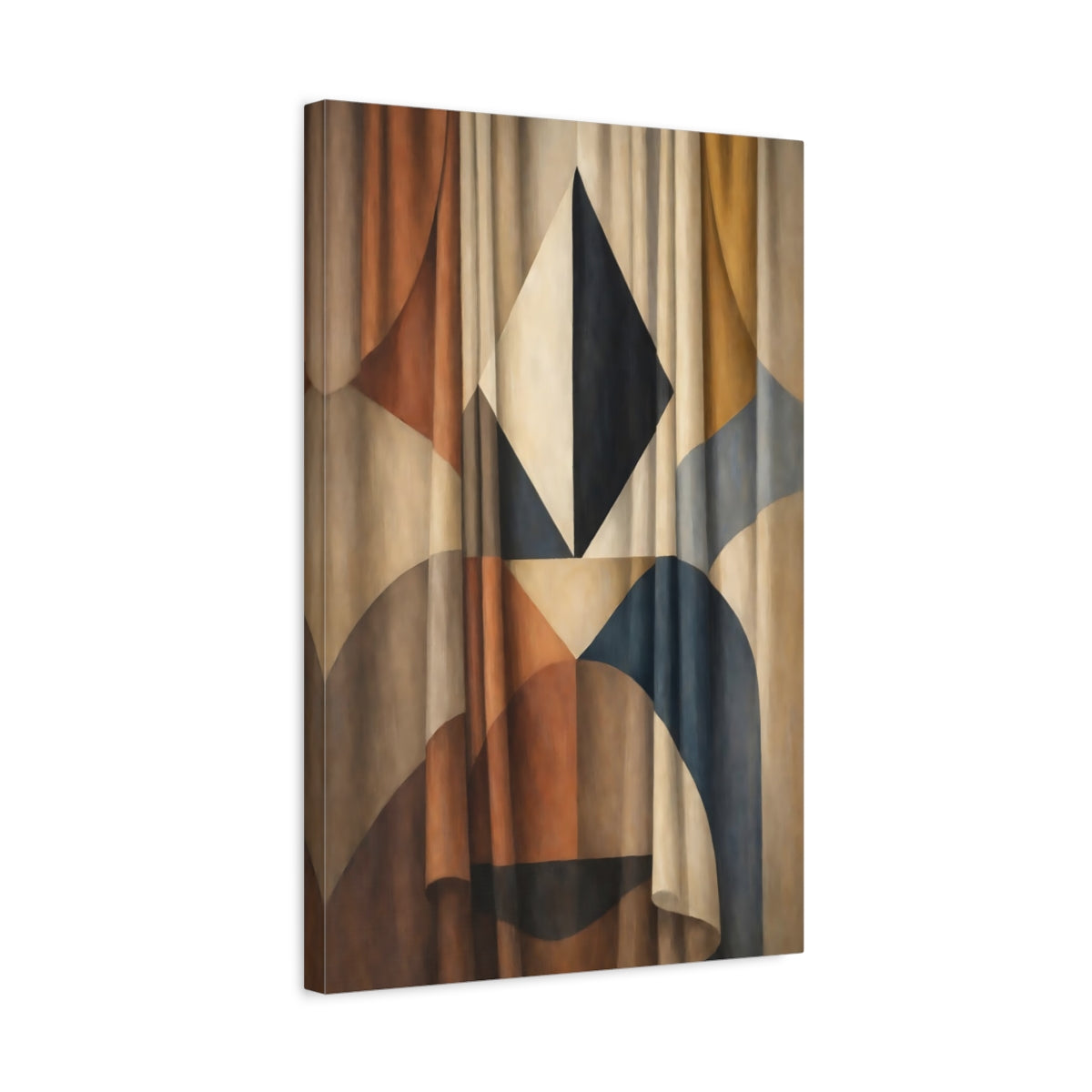 Side Mockup 3. Abstract Geometric Pattern Brown And Blue Abstract shown as stretched canvas wall art