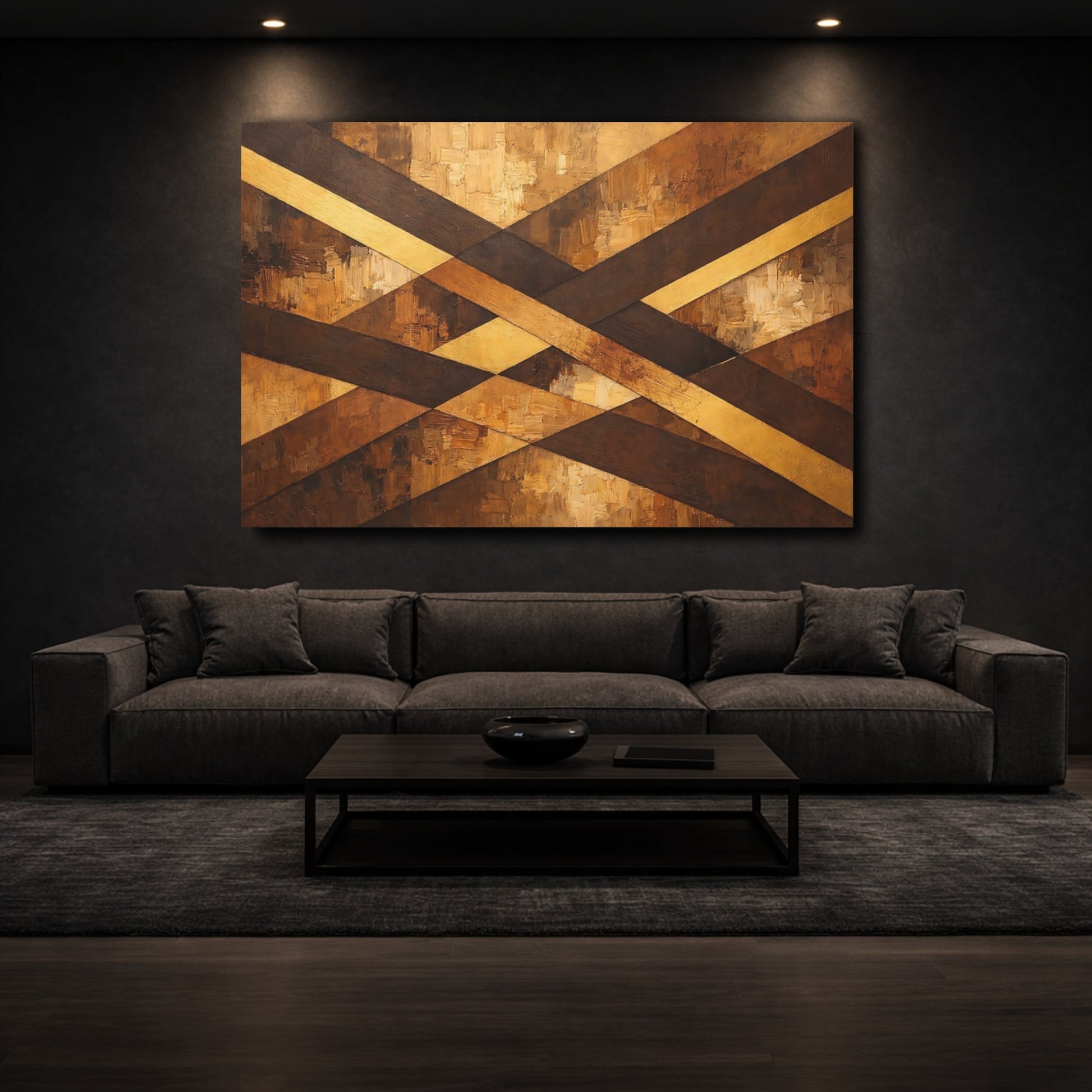 Mockup 2. Abstract Geometric Pattern Brown Gold Geometric shown as stretched canvas wall art