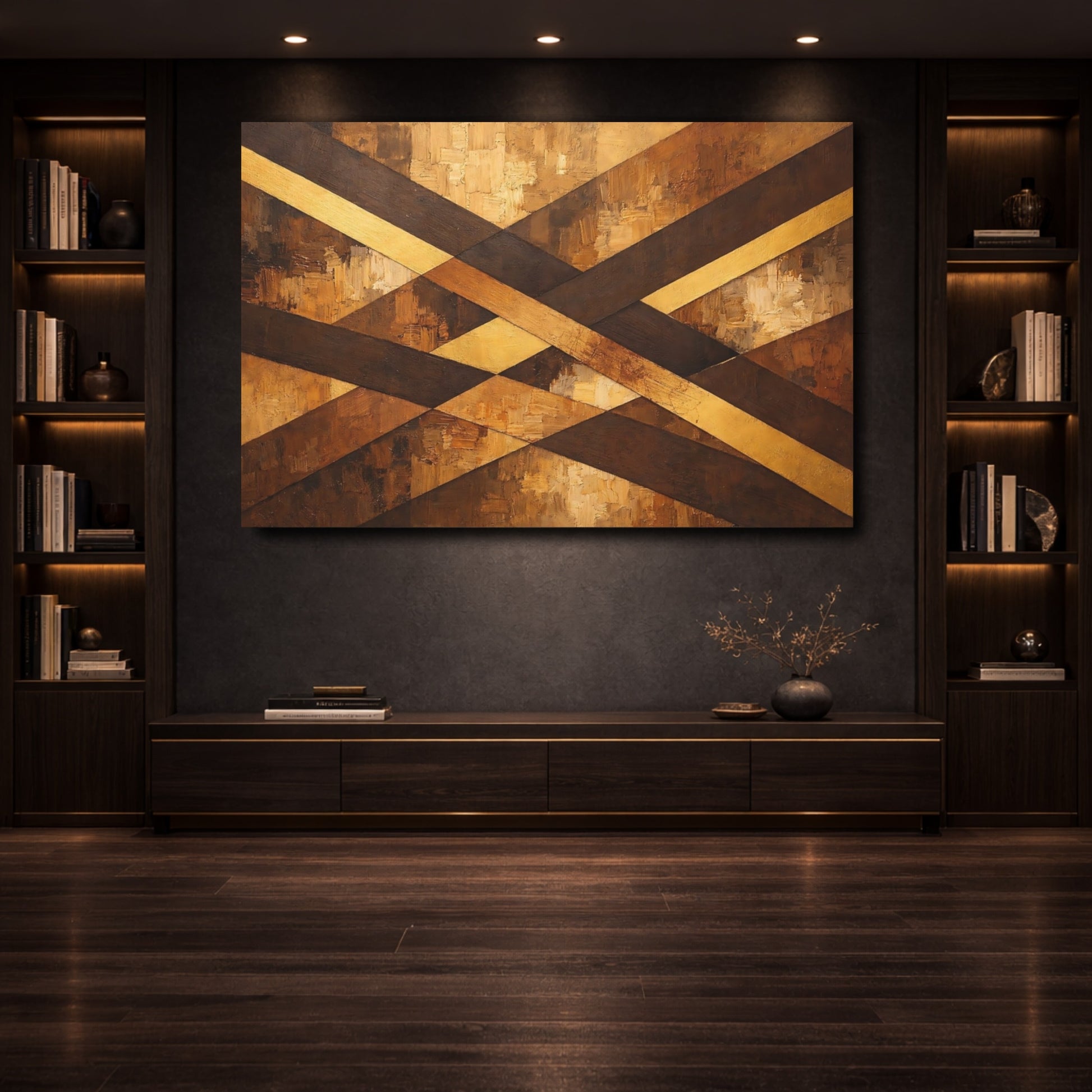 Mockup 3. Abstract Geometric Pattern Brown Gold Geometric shown as stretched canvas wall art