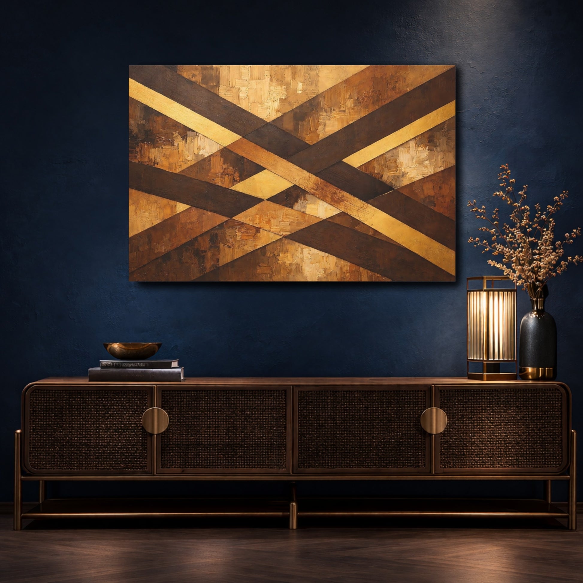 Mockup 4. Abstract Geometric Pattern Brown Gold Geometric shown as stretched canvas wall art