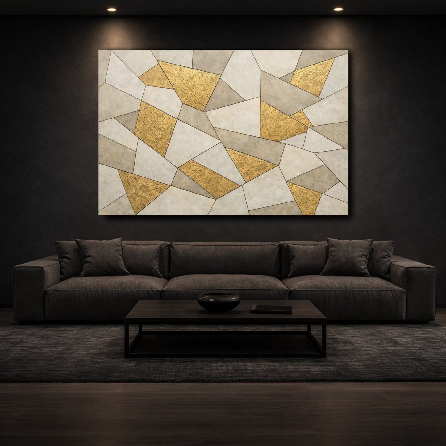 Mockup 2. Abstract Geometric Pattern Gold And Gray shown as stretched canvas wall art