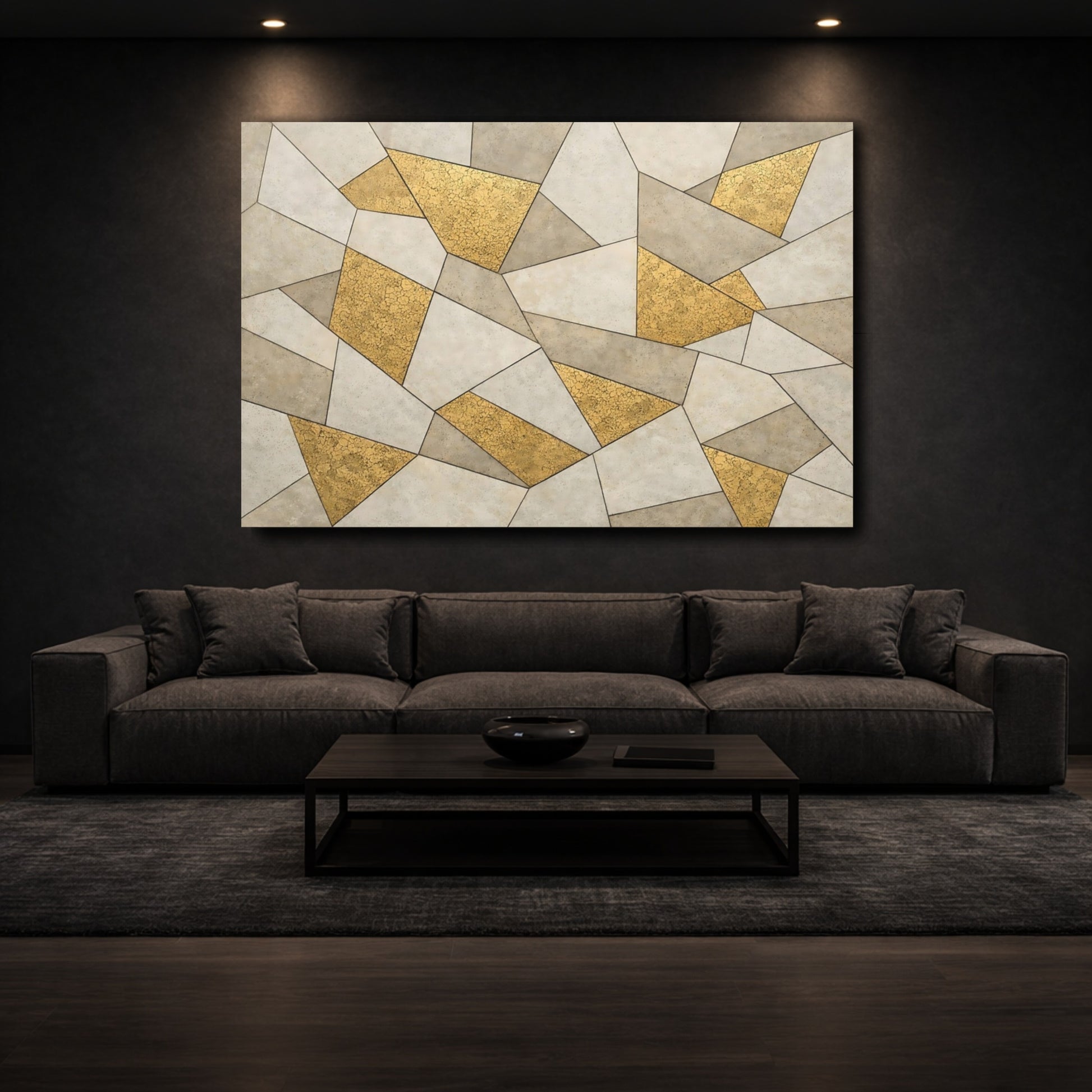 Mockup 2. Abstract Geometric Pattern Gold And Gray shown as stretched canvas wall art