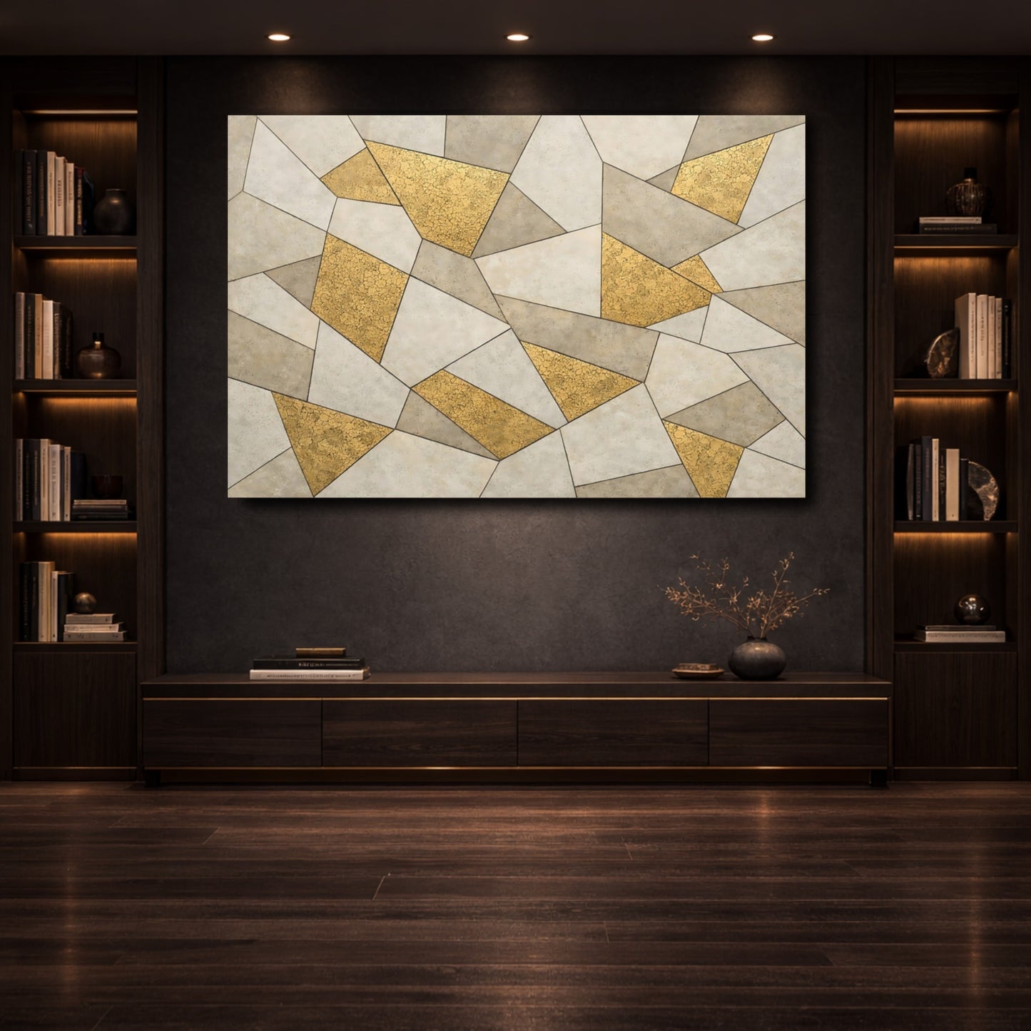 Mockup 3. Abstract Geometric Pattern Gold And Gray shown as stretched canvas wall art