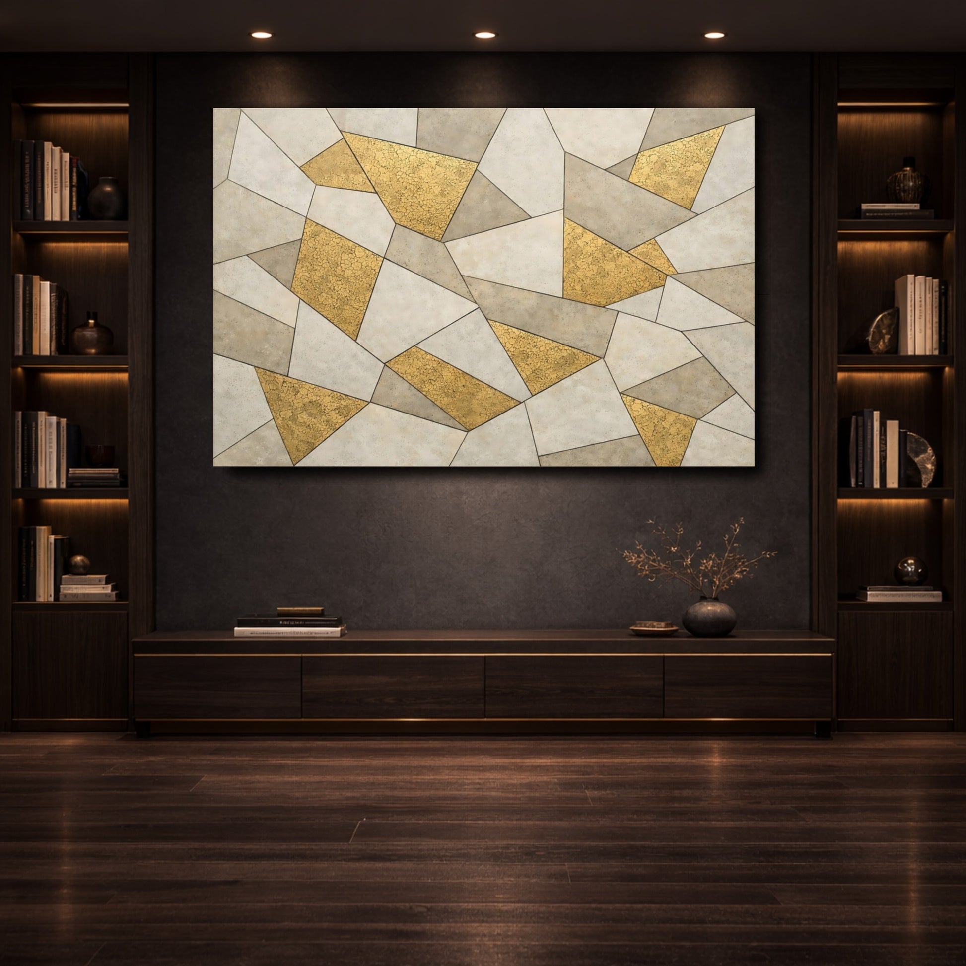Mockup 3. Abstract Geometric Pattern Gold And Gray shown as stretched canvas wall art