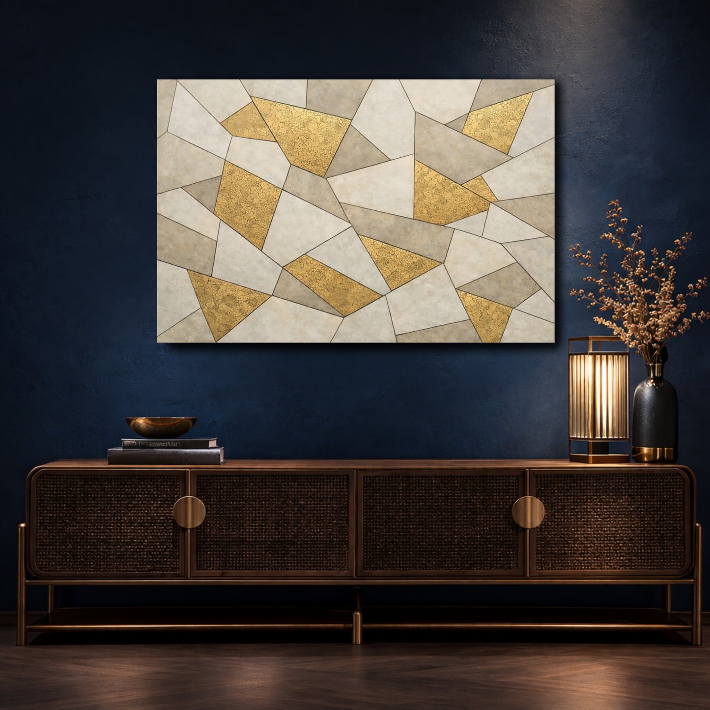 Mockup 4. Abstract Geometric Pattern Gold And Gray shown as stretched canvas wall art