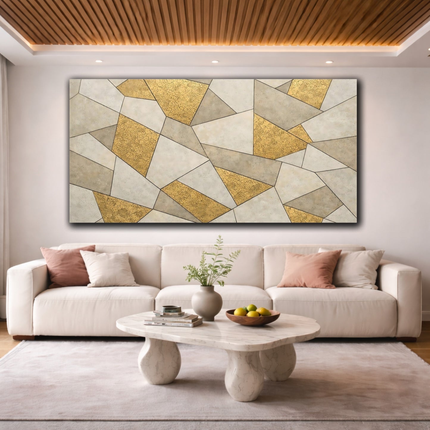 Mockup 3. Abstract Geometric Pattern Gold Geometric shown as stretched canvas wall art
