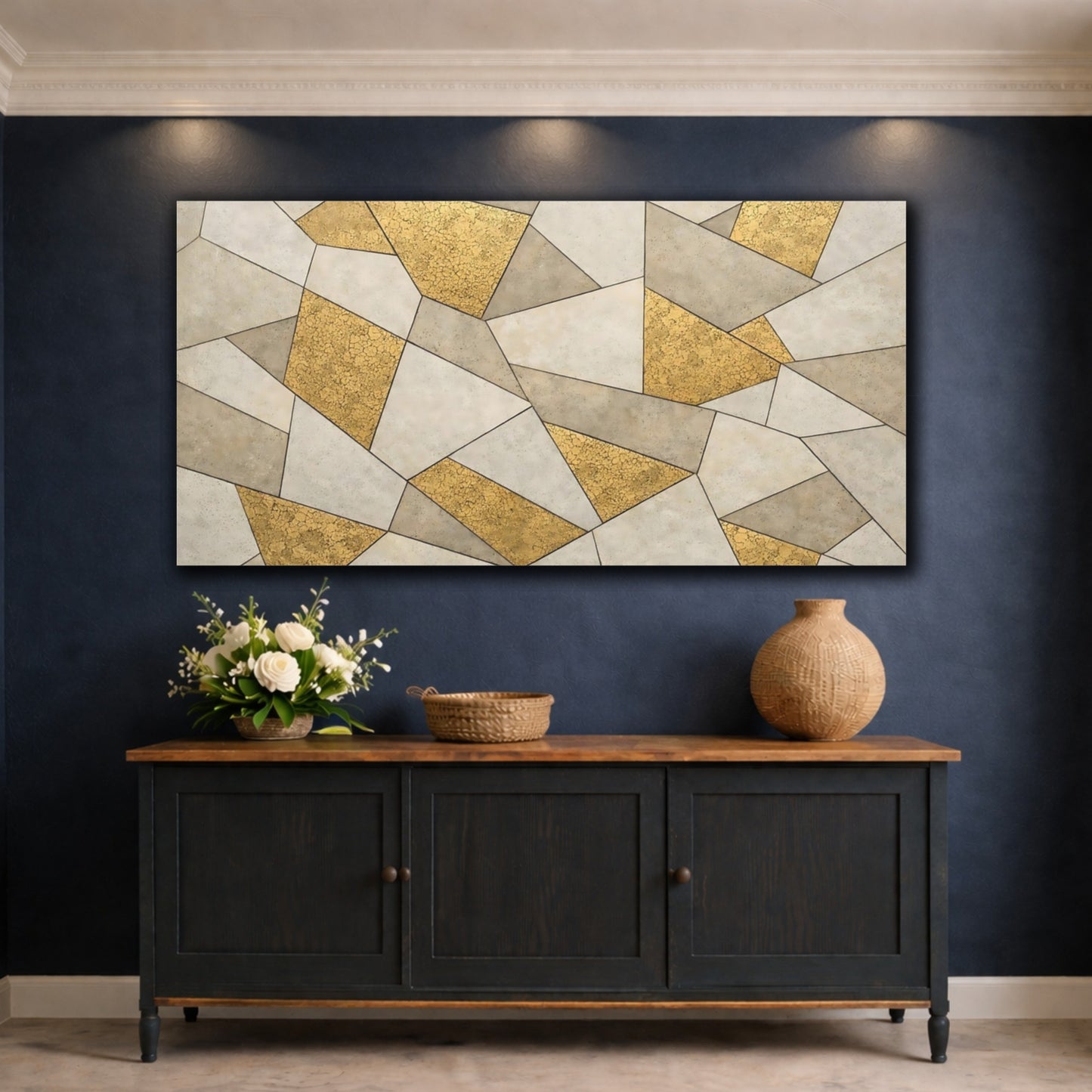 Mockup 4. Abstract Geometric Pattern Gold Geometric shown as stretched canvas wall art