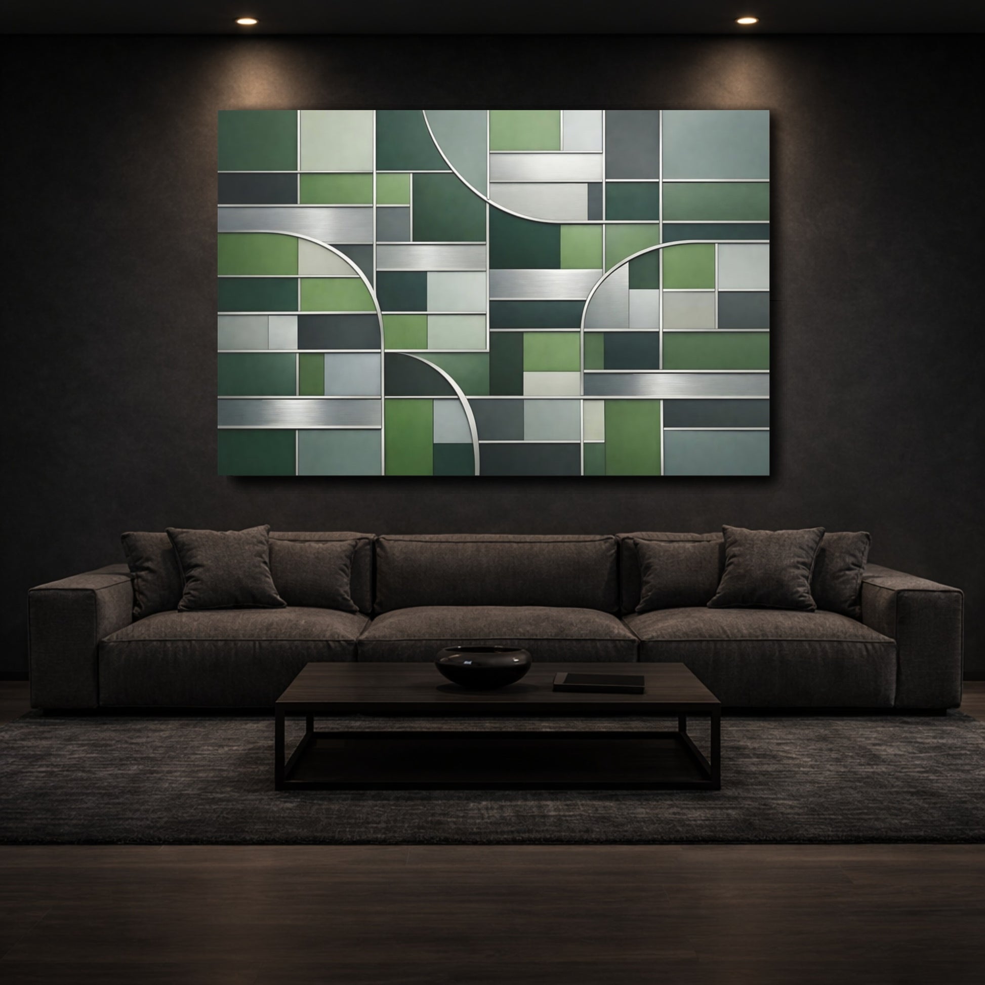 Mockup 2. Abstract Geometric Pattern Green Geometric shown as stretched canvas wall art