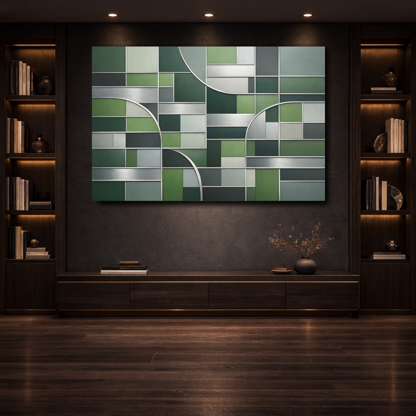 Mockup 3. Abstract Geometric Pattern Green Geometric shown as stretched canvas wall art