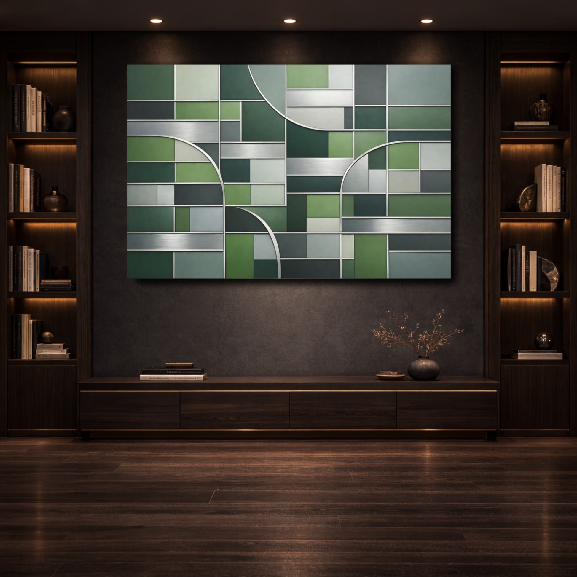 Mockup 3. Abstract Geometric Pattern Green Geometric shown as stretched canvas wall art