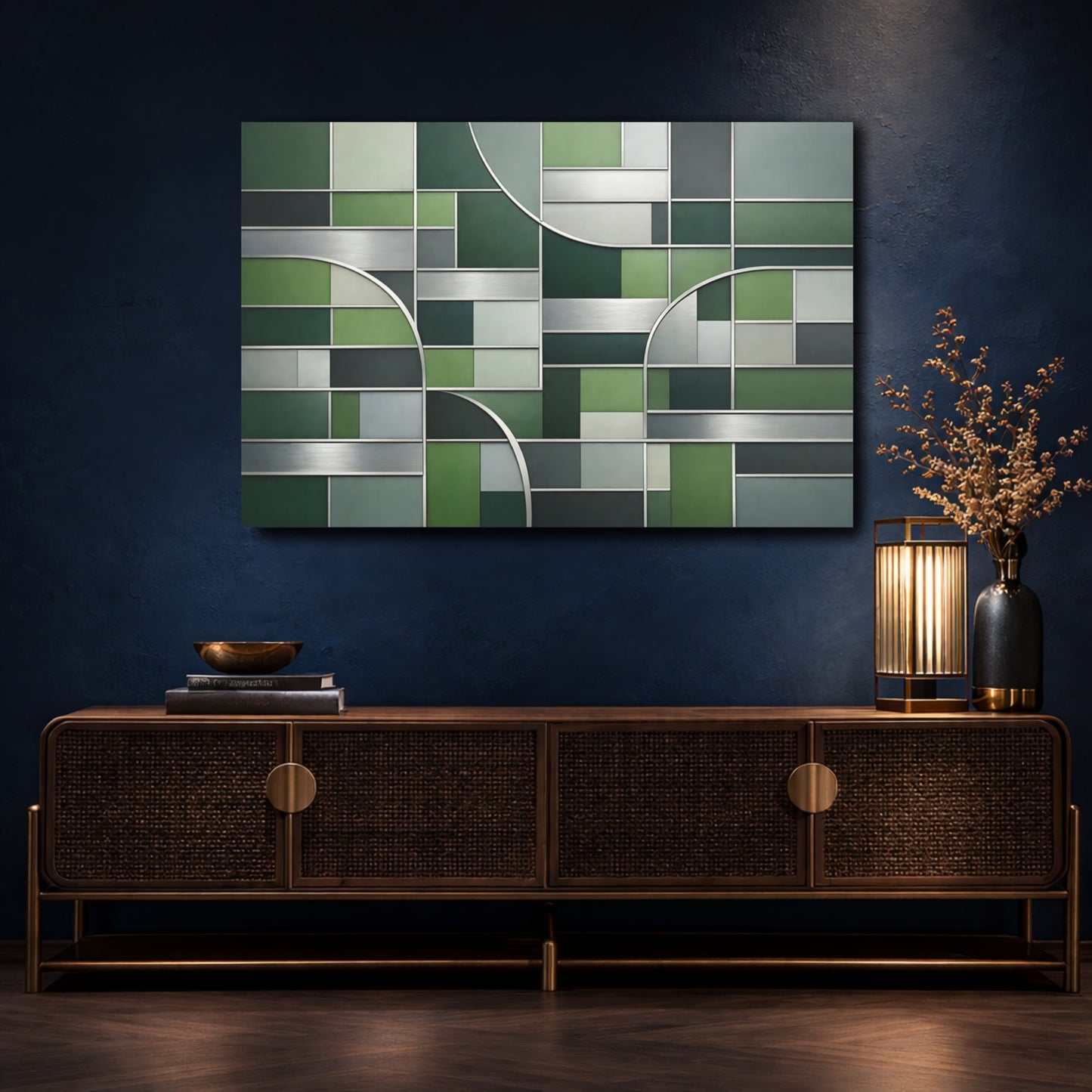 Mockup 4. Abstract Geometric Pattern Green Geometric shown as stretched canvas wall art
