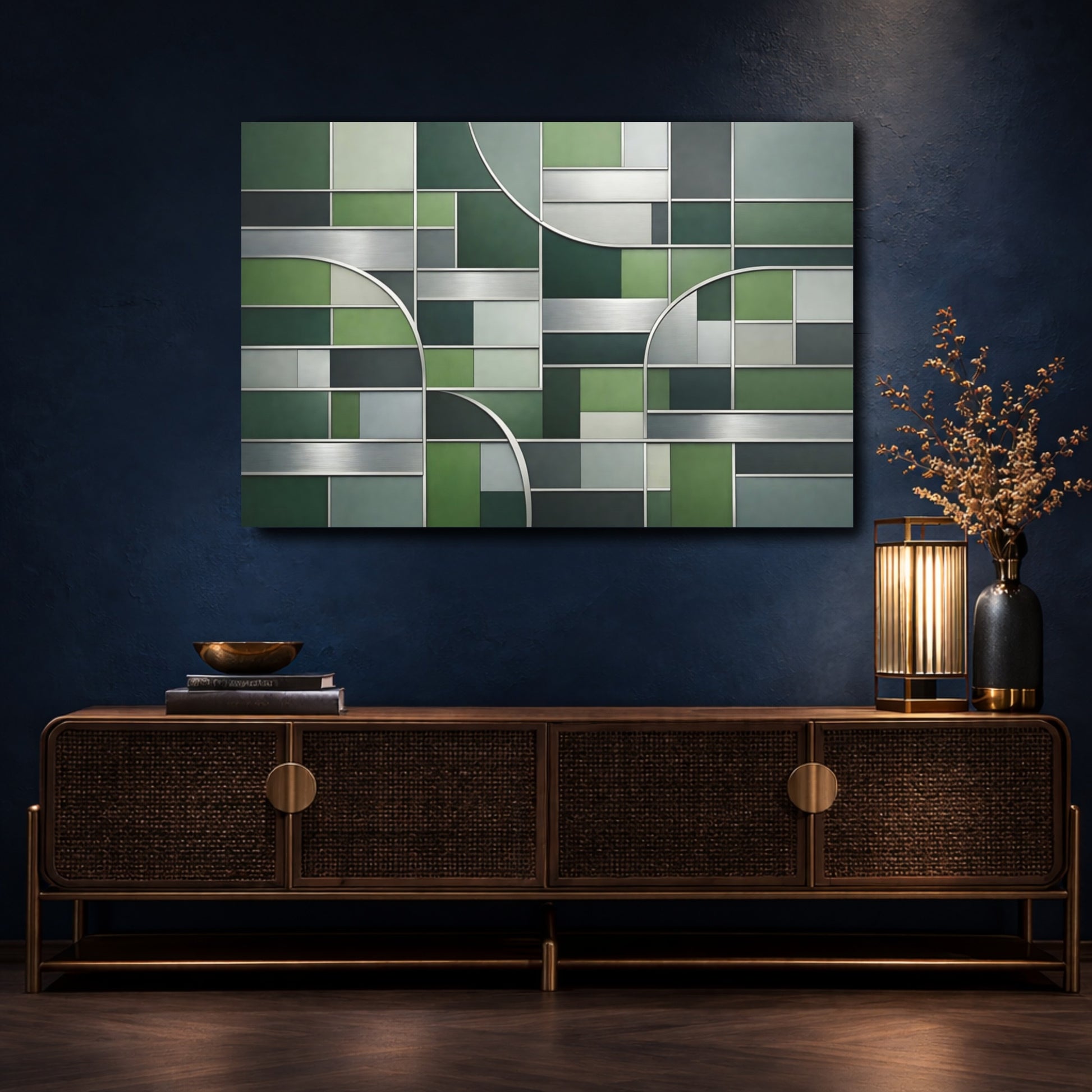 Mockup 4. Abstract Geometric Pattern Green Geometric shown as stretched canvas wall art