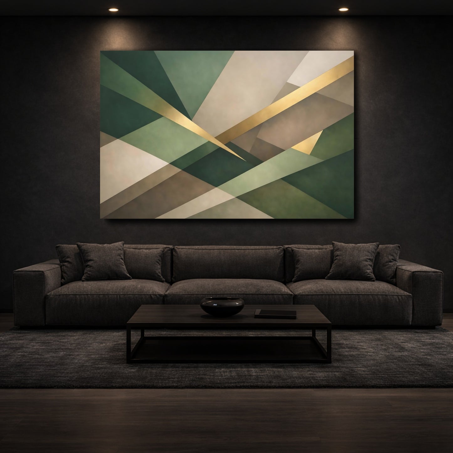 Mockup 2. Abstract Geometric Pattern Green Gold Abstract shown as stretched canvas wall art