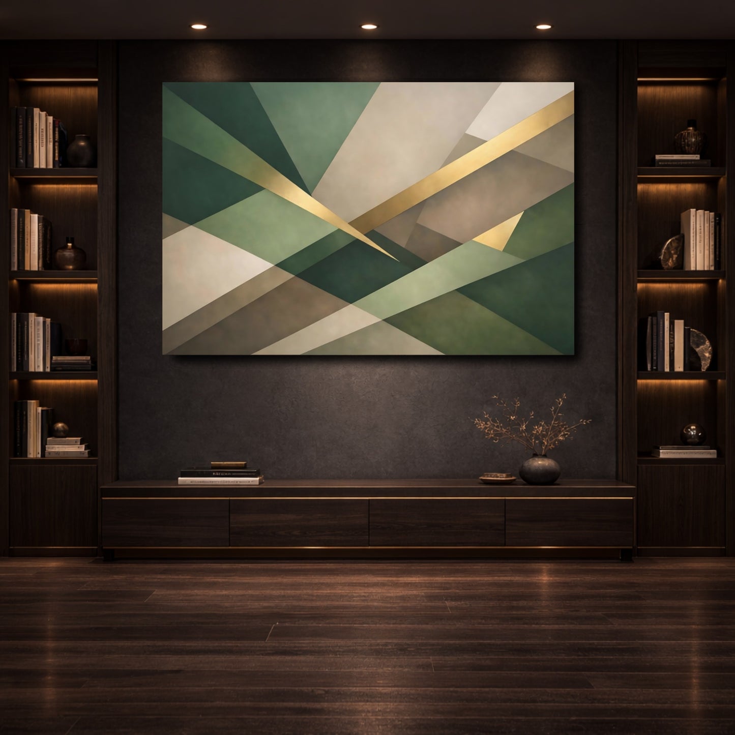 Mockup 3. Abstract Geometric Pattern Green Gold Abstract shown as stretched canvas wall art