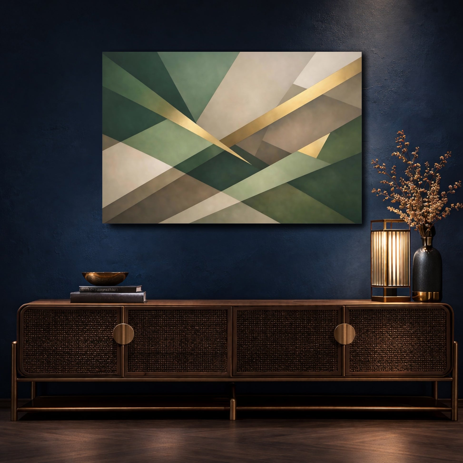 Mockup 4. Abstract Geometric Pattern Green Gold Abstract shown as stretched canvas wall art