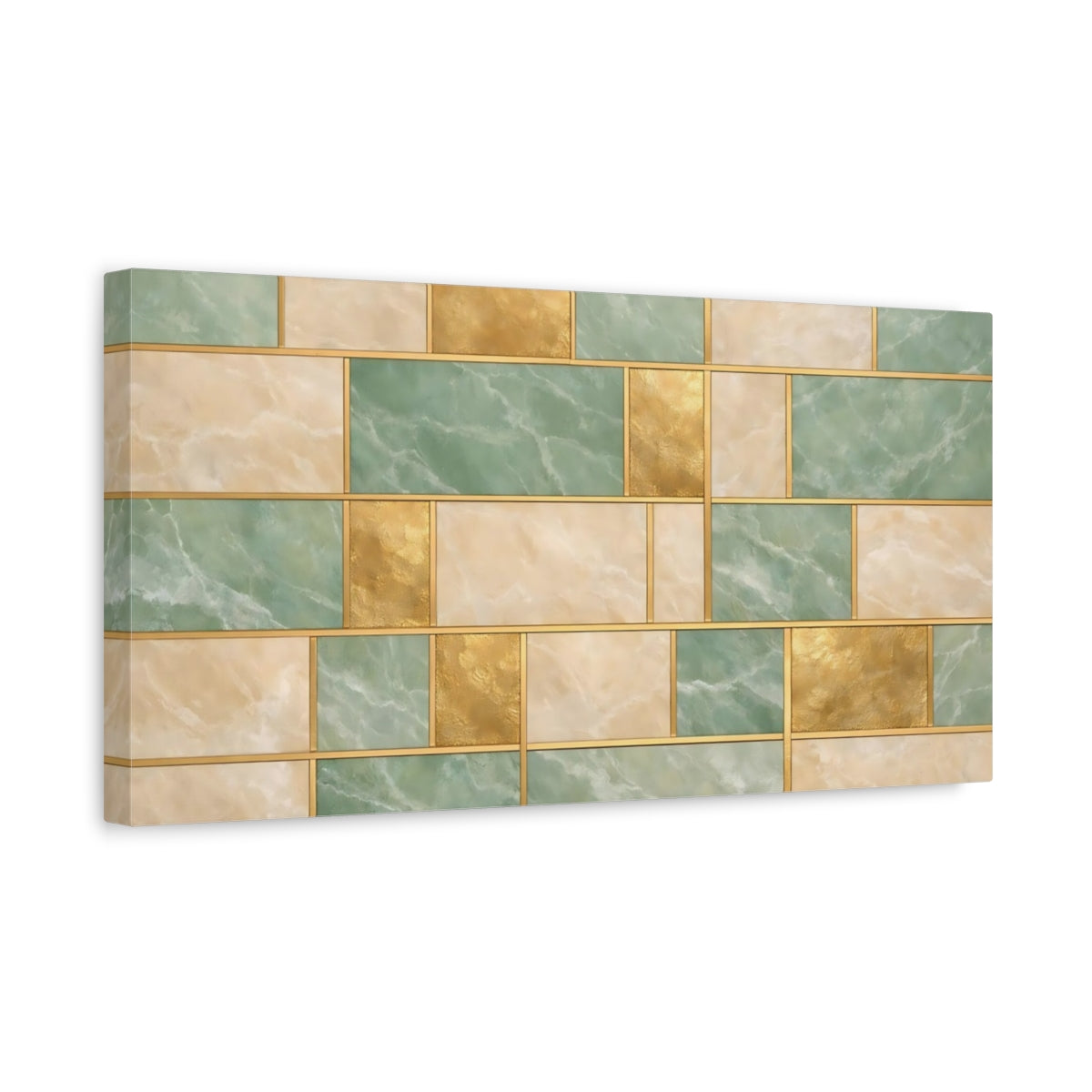 Side Mockup 3. Abstract Geometric Pattern Green Gold Pattern shown as stretched canvas wall art