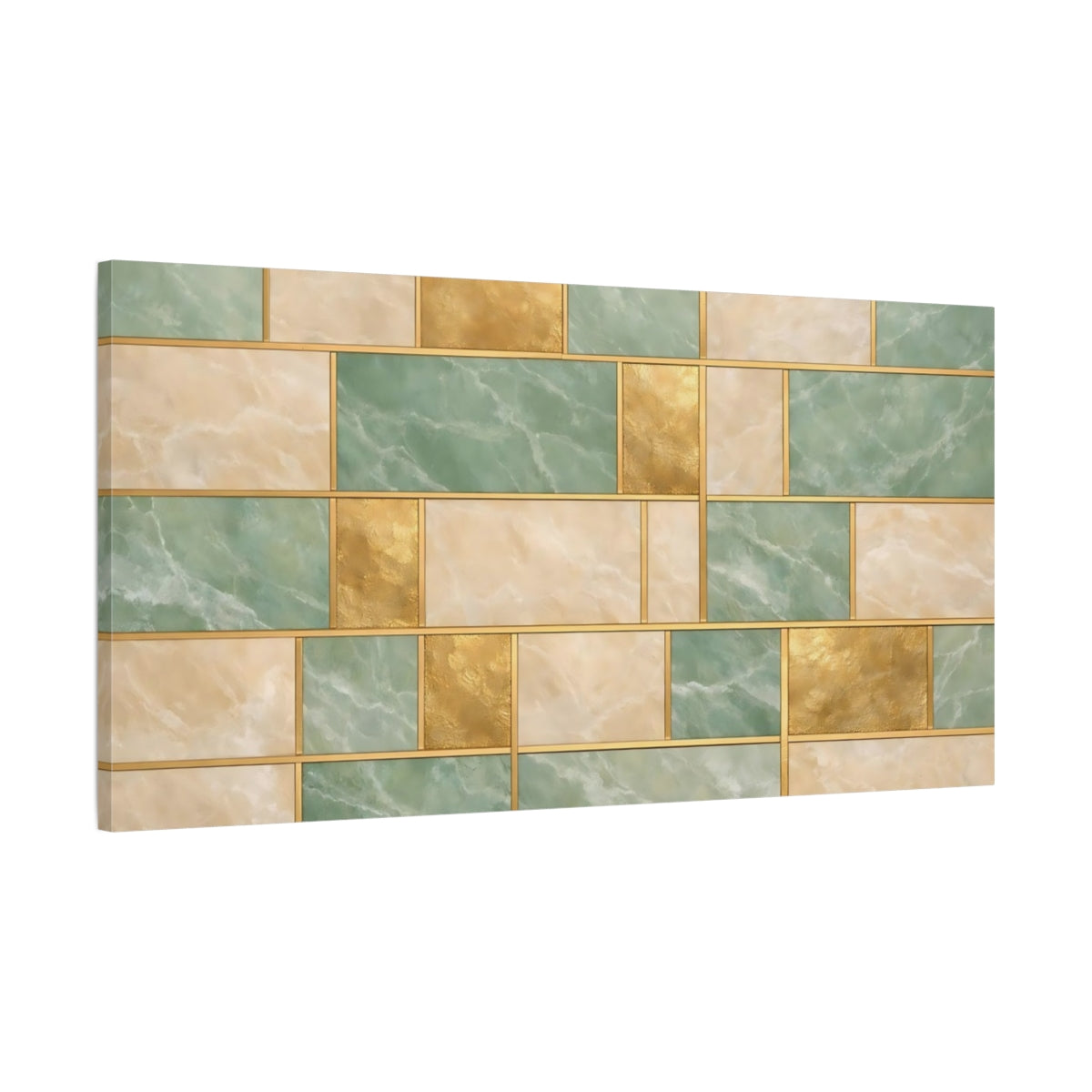 Side Mockup 1. Abstract Geometric Pattern Green Gold Pattern shown as stretched canvas wall art