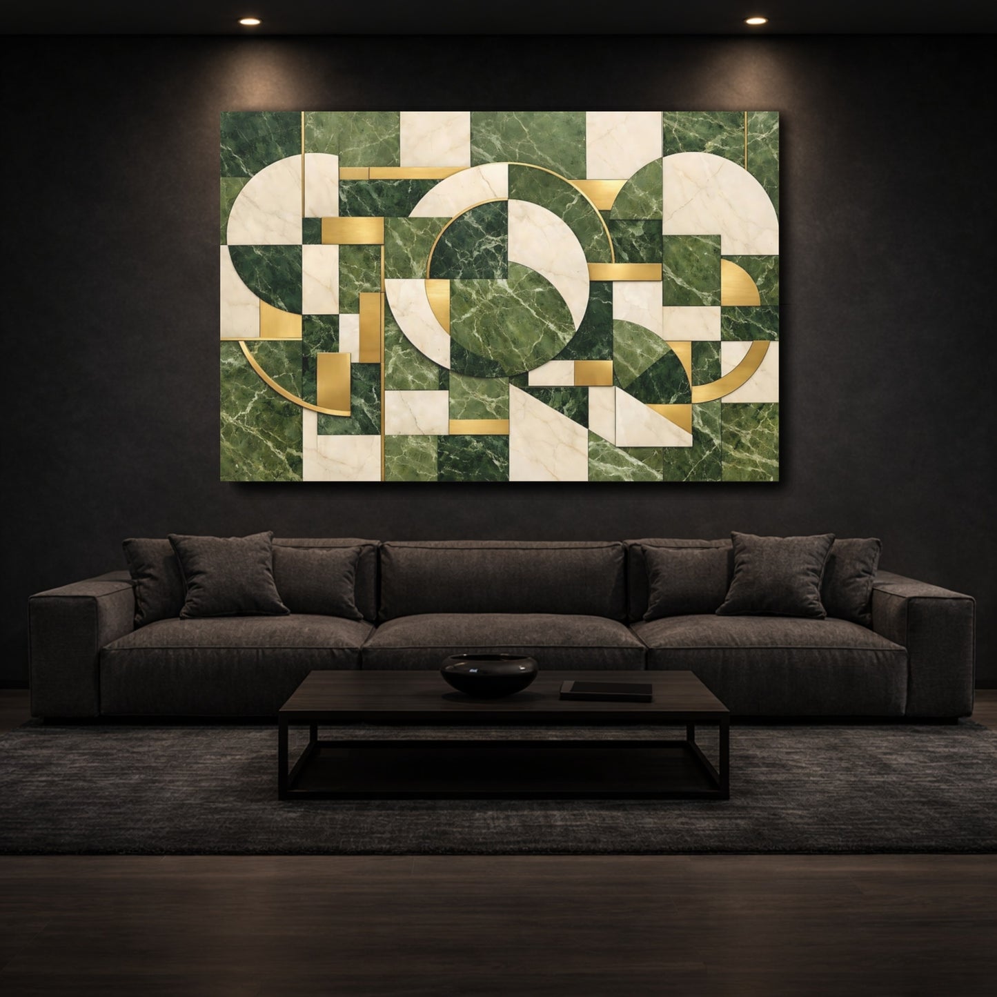 Mockup 2. Abstract Geometric Pattern Green Gold Marble shown as stretched canvas wall art