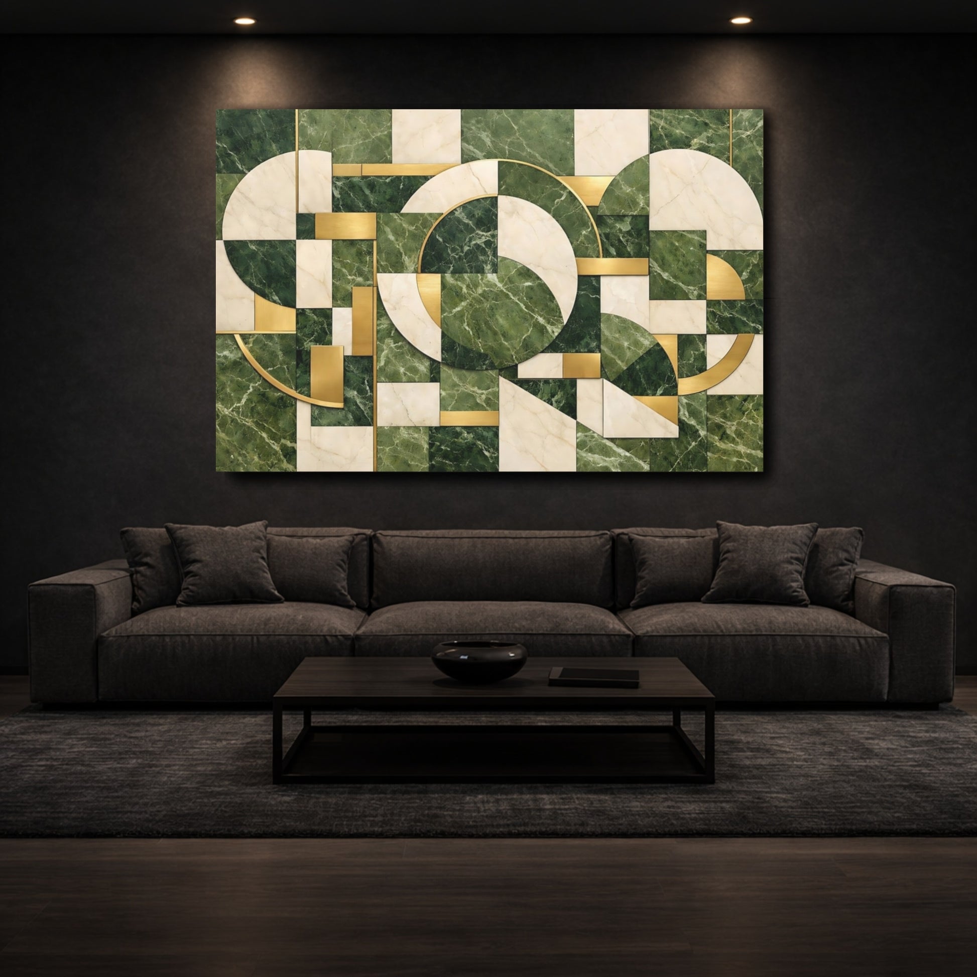 Mockup 2. Abstract Geometric Pattern Green Gold Marble shown as stretched canvas wall art