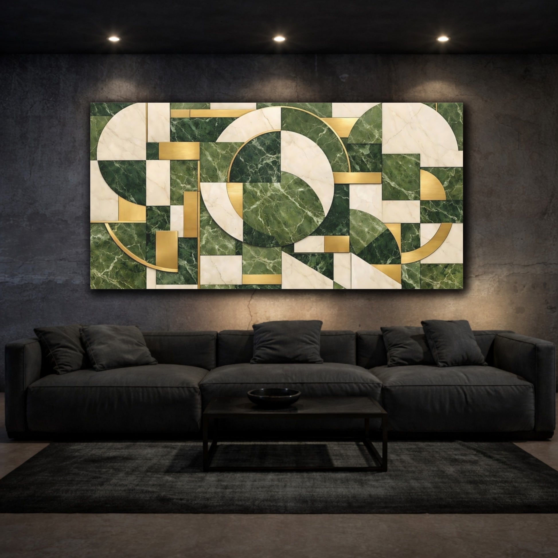 Mockup 2. Abstract Geometric Pattern Green Gold Marble shown as stretched canvas wall art