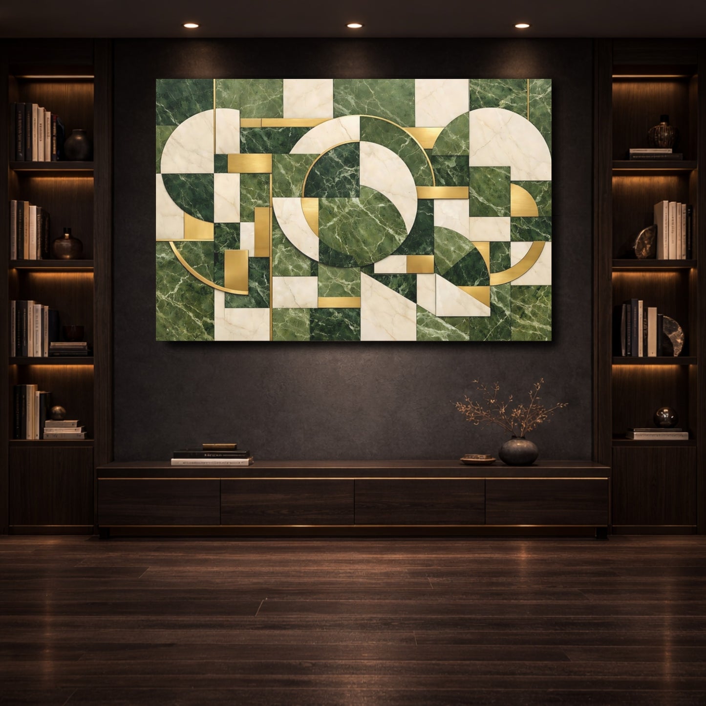 Mockup 3. Abstract Geometric Pattern Green Gold Marble shown as stretched canvas wall art