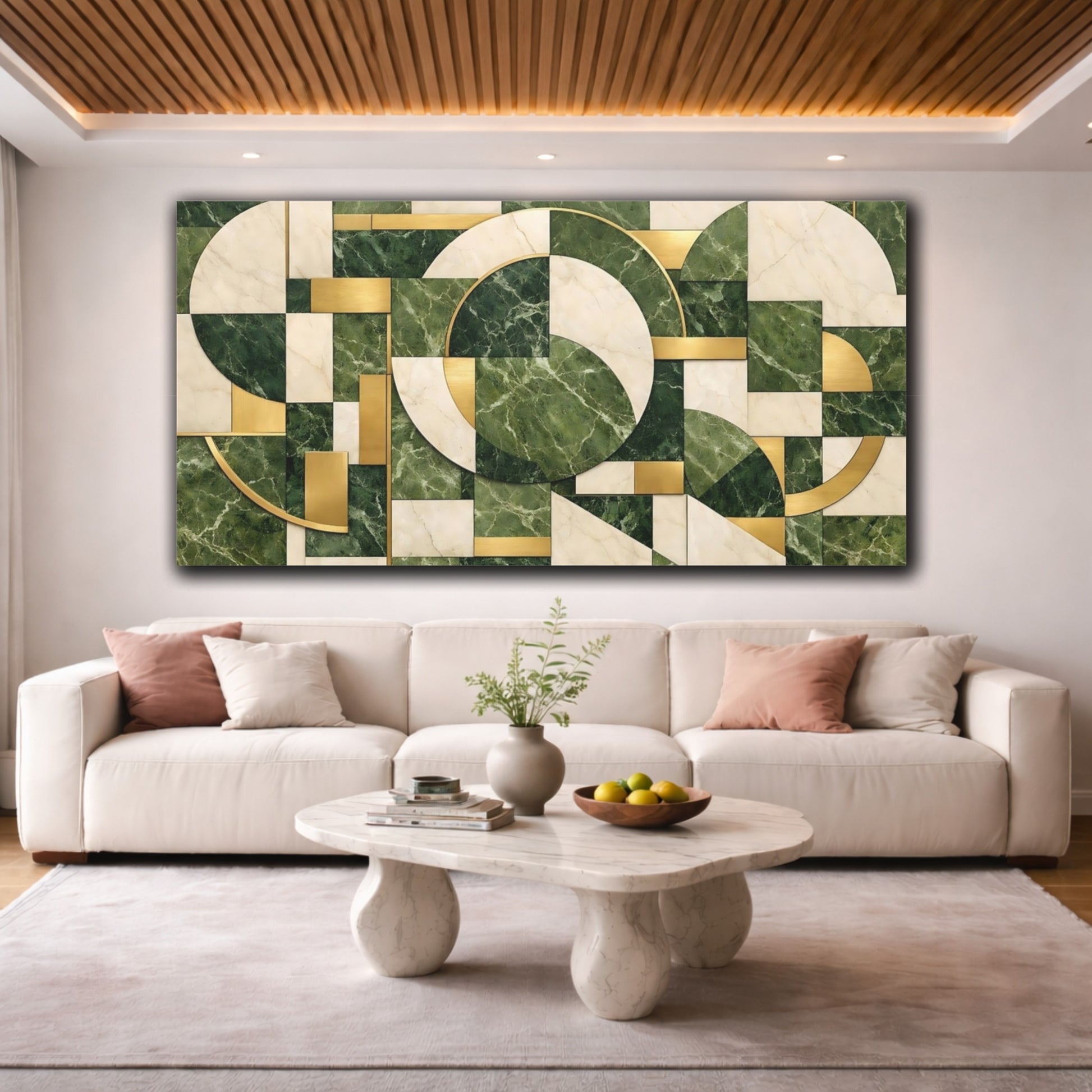 Mockup 3. Abstract Geometric Pattern Green Gold Marble shown as stretched canvas wall art
