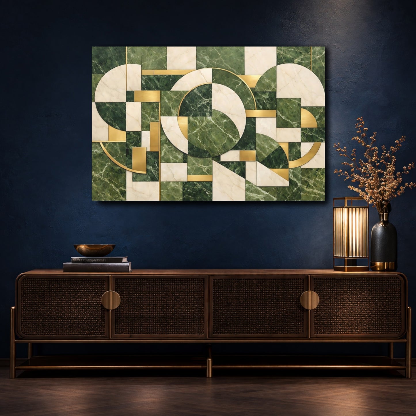 Mockup 4. Abstract Geometric Pattern Green Gold Marble shown as stretched canvas wall art